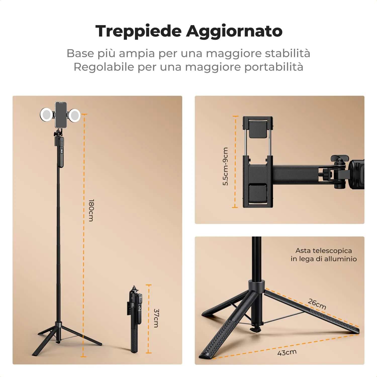 Concept Asta Selfie 180cm Treppiede Smartphone con Luce Anello