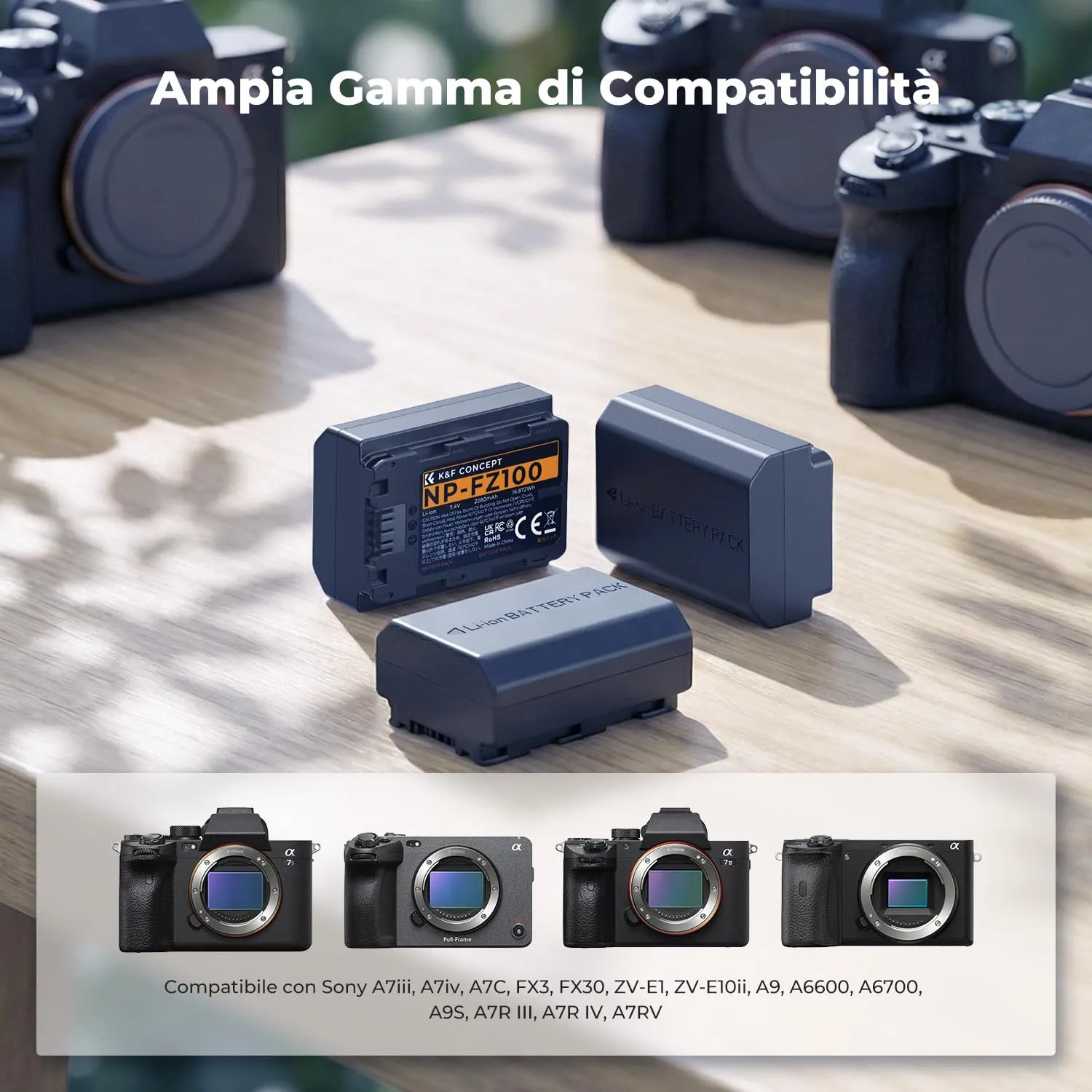 K&F Concept NP-FZ100 Batterie 3 Pezzi 2280mAh con Caricatore