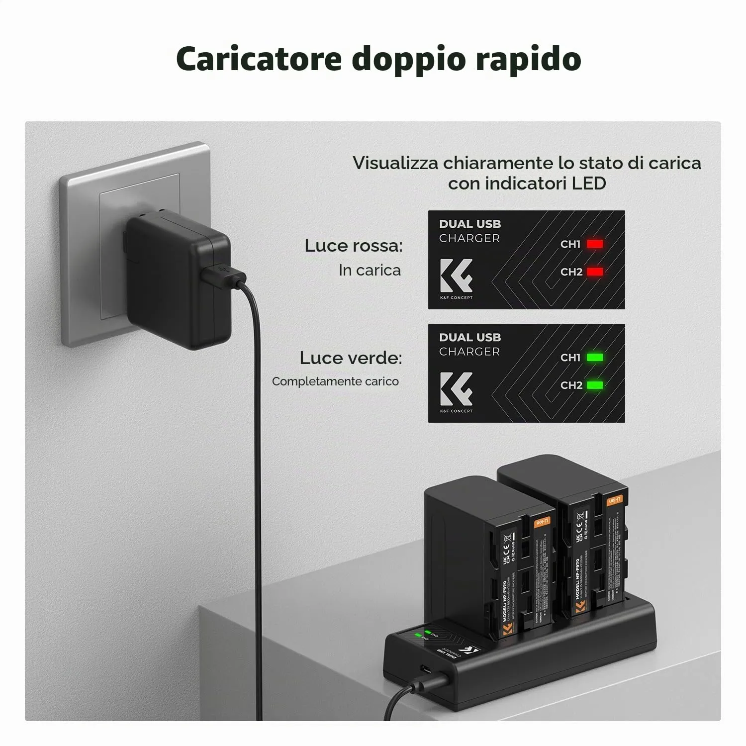 K&F Concept NP-F970 Batterie 6600mAh 2pz + Caricabatterie LED