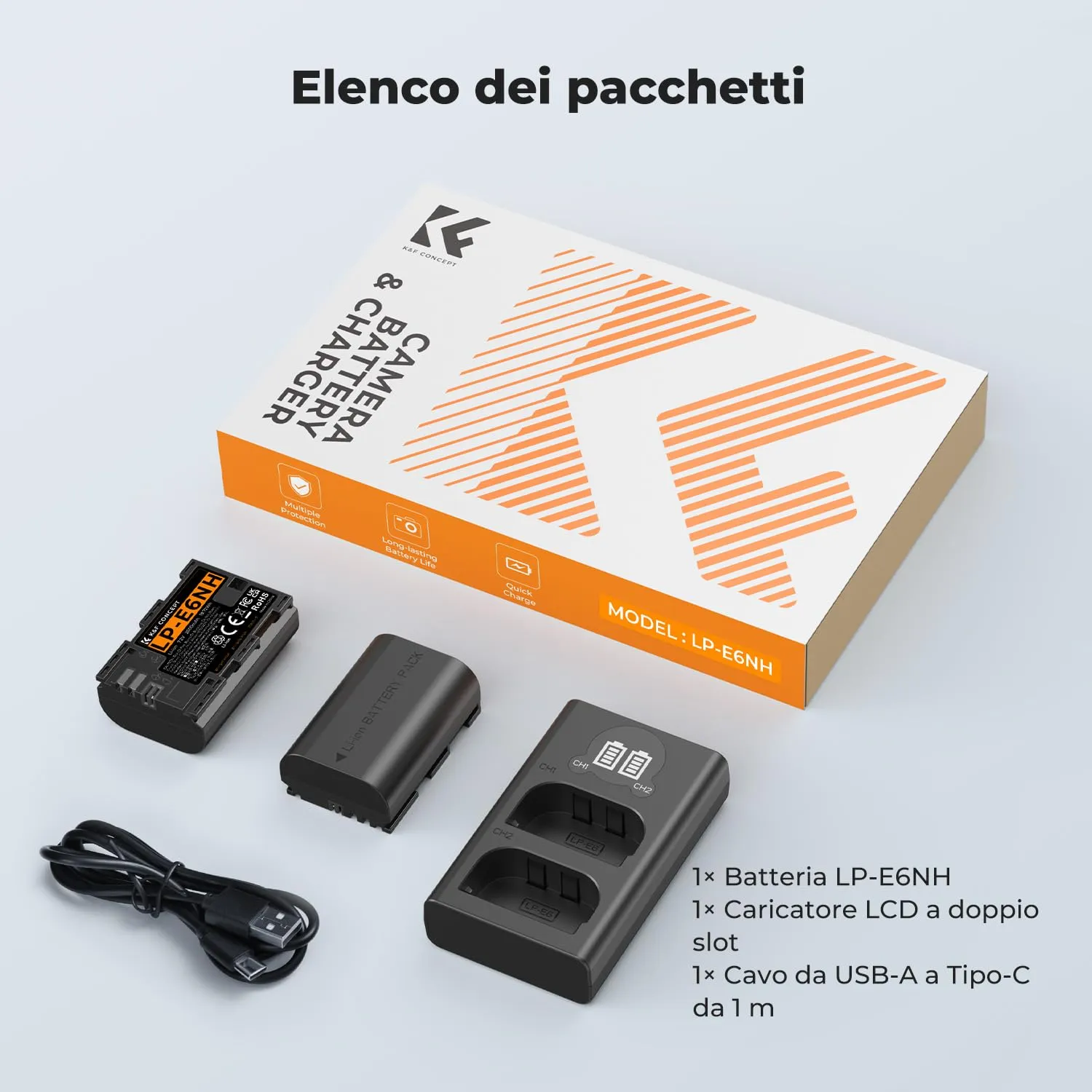 K&F Concept LP-E6NH Batteria 2600mAh + Caricatore LCD 2 Slot