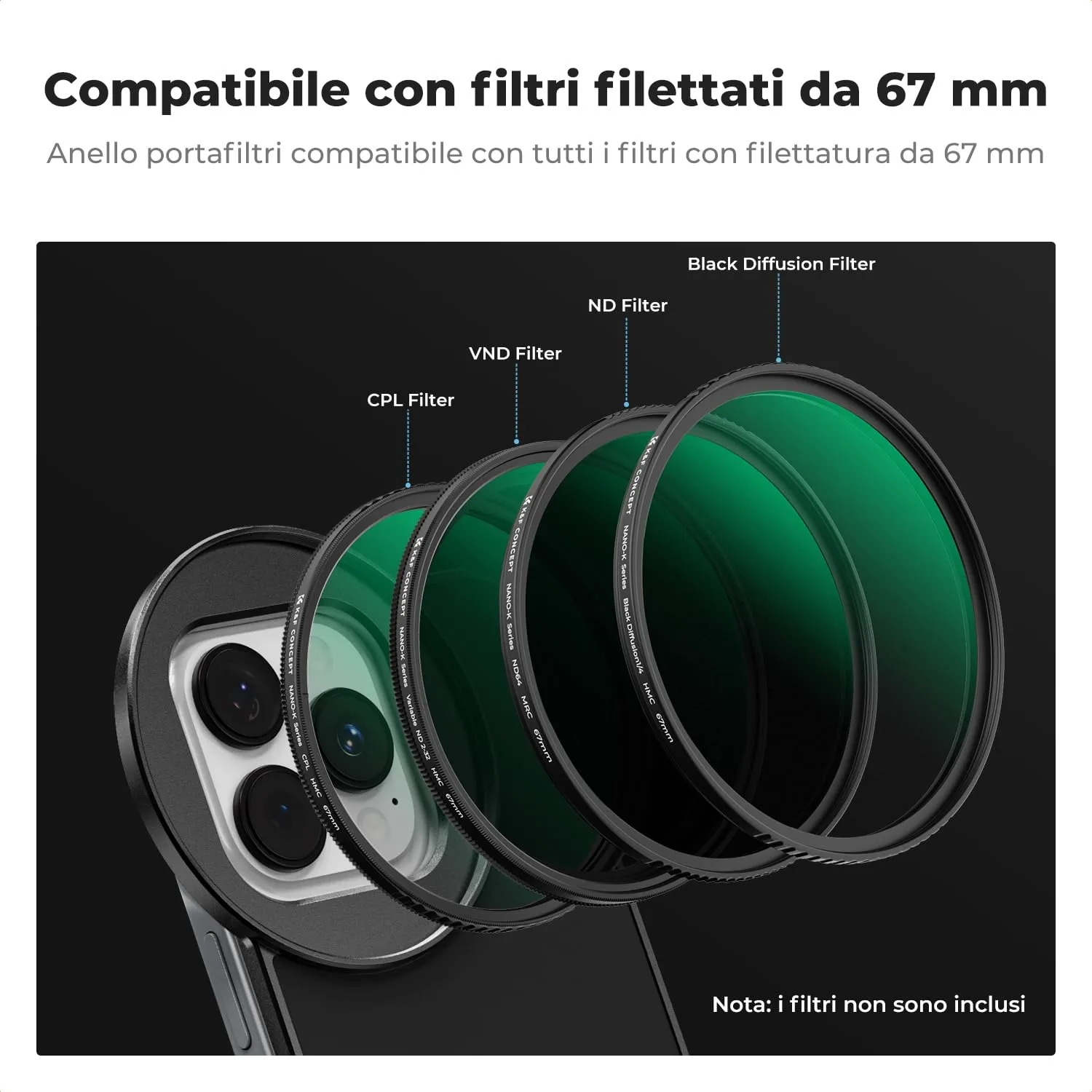 K&F Concept adattatore magnetico filtri 67mm iPhone 6,1" portafiltro