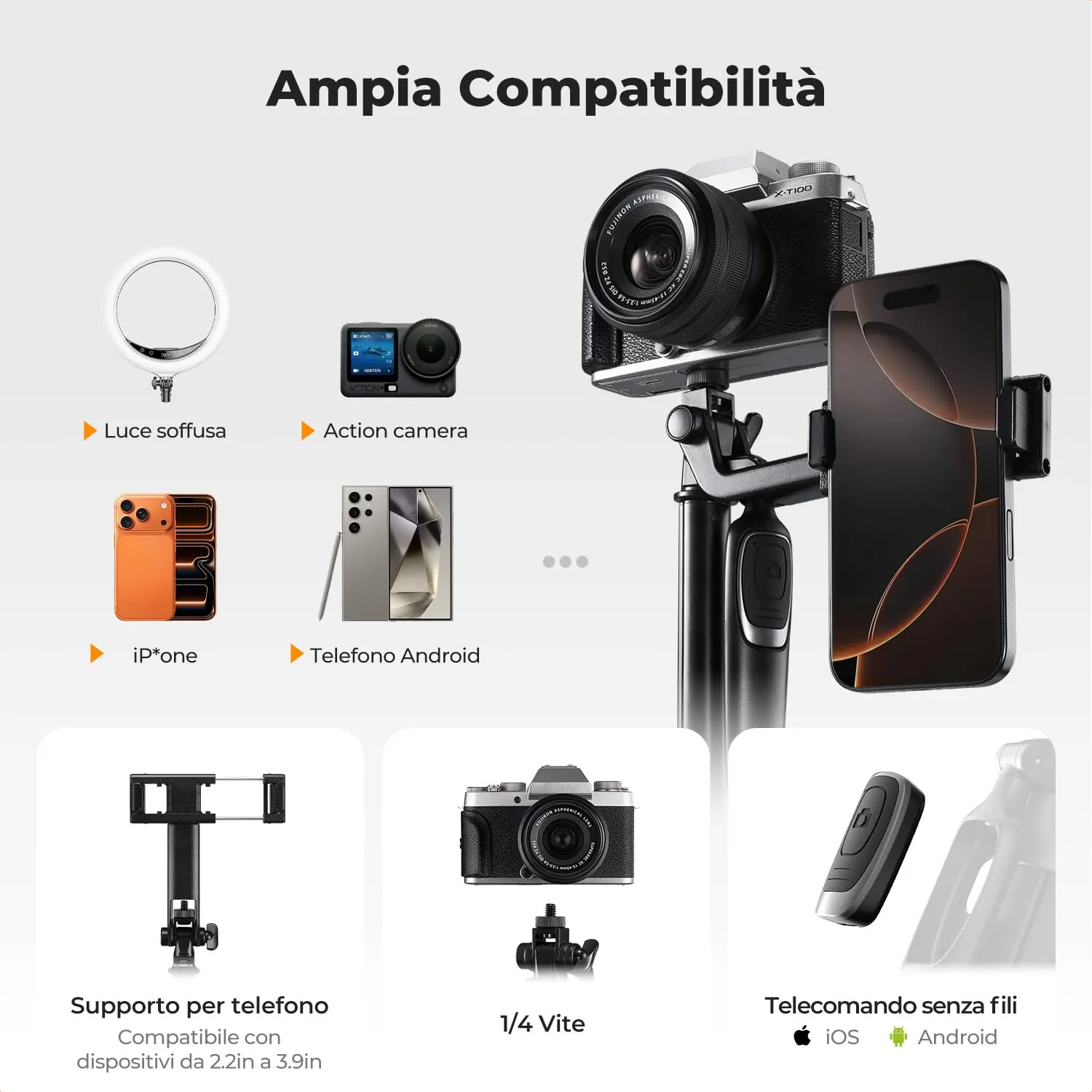 K&F Concept 177cm treppiede cellulare selfie stick bluetooth