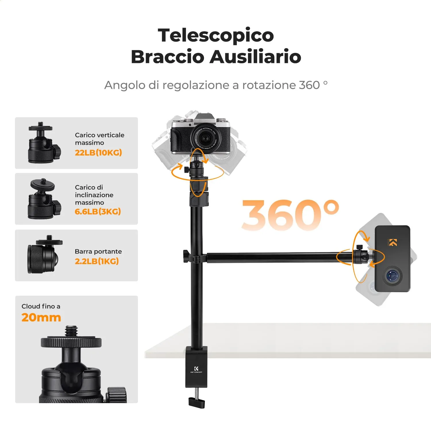 K&F Concept supporto tavolo fotocamera braccio 35 cm alluminio