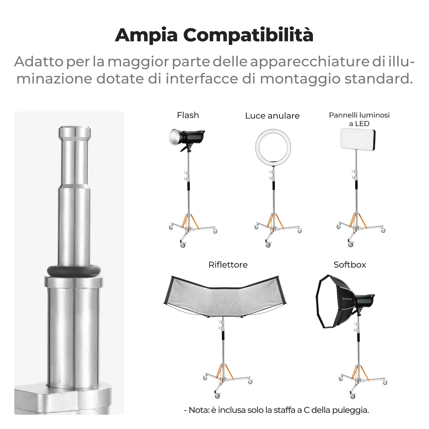 K&F Concept 330cm stativo luci acciaio con ruote 30kg