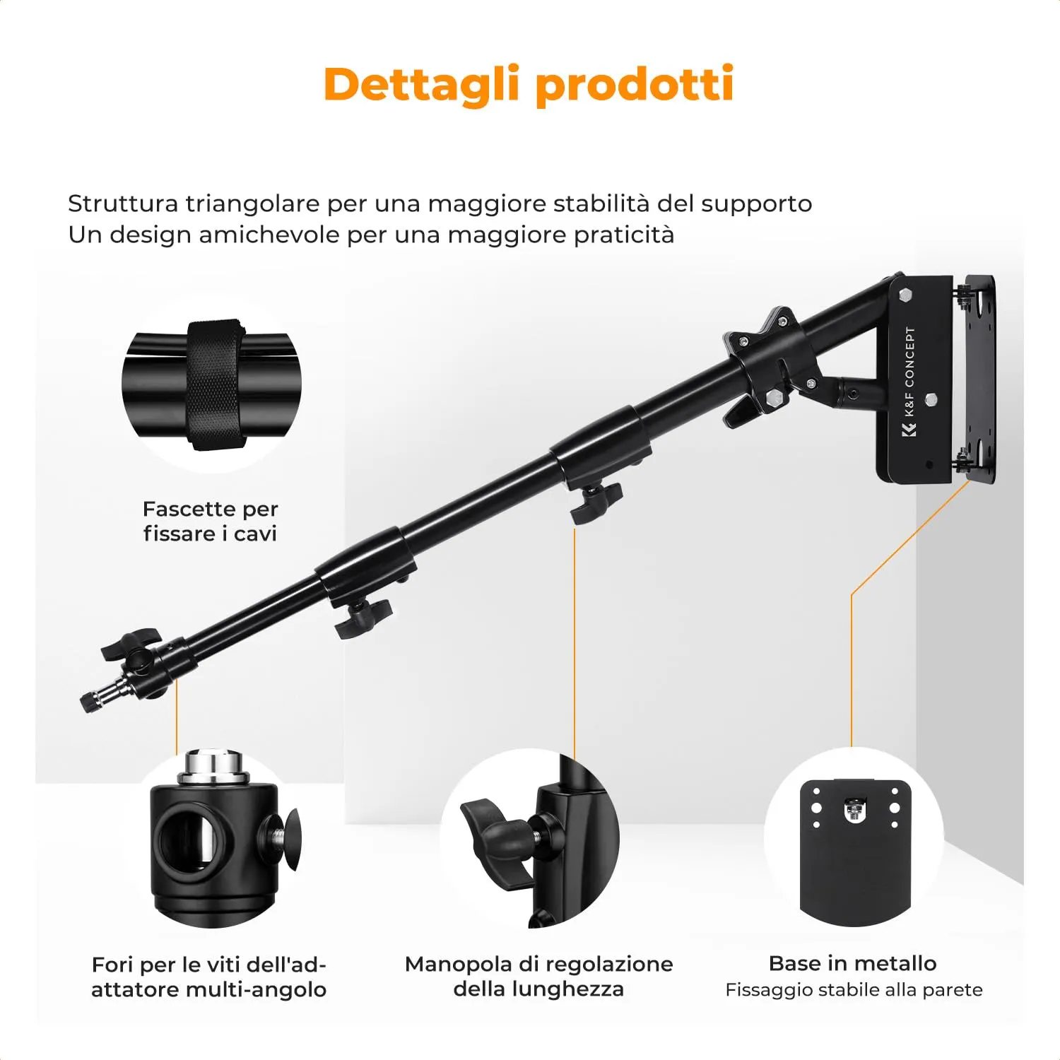 K&F Concept braccio triangolare parete 130cm metallo 1/4"-3/8"