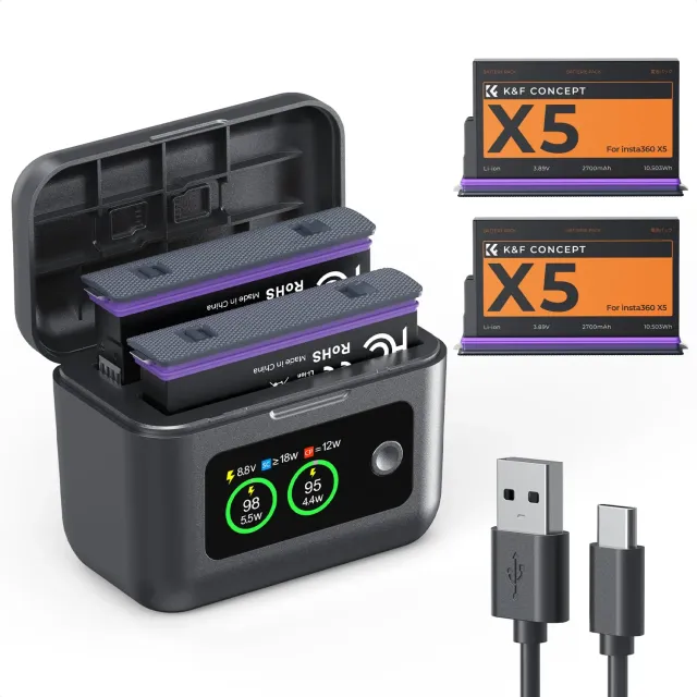 K&F Concept kit 2 batterie + caricabatterie Insta360 X5 2700mAh