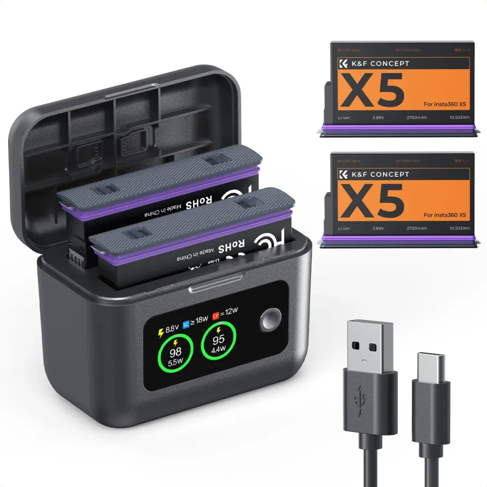 K&F Concept kit 2 batterie + caricabatterie Insta360 X5 2700mAh