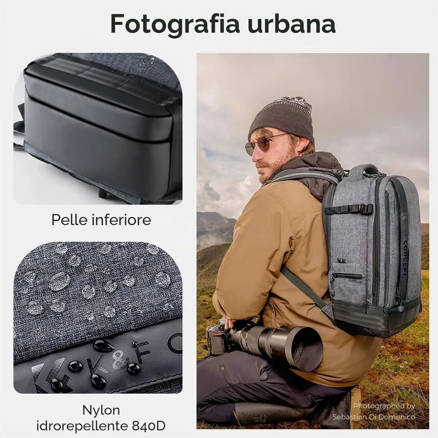 K&F Concept 019V1 zaino fotografico 17L grigio laptop