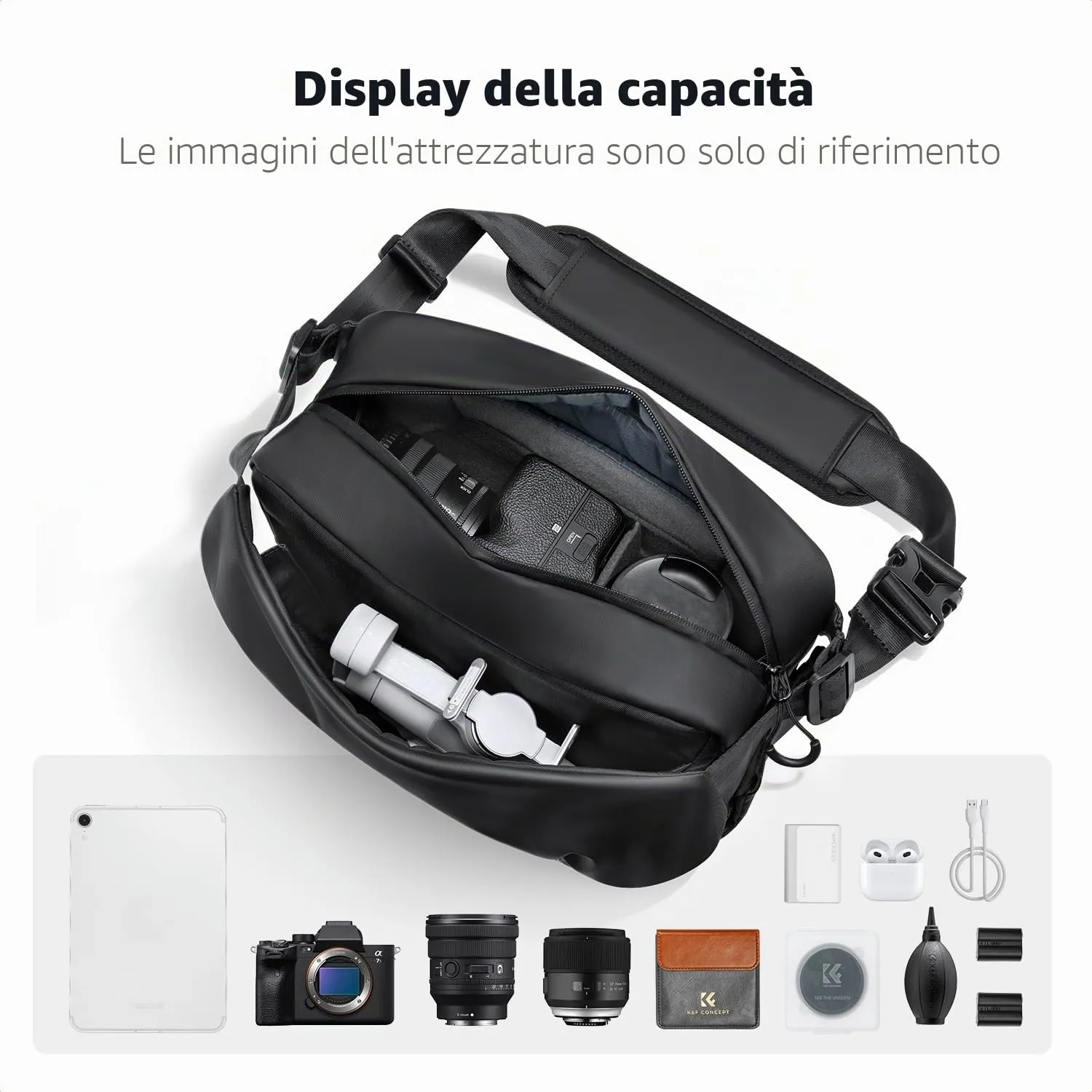 K&F Concept borsa tracolla fotocamera 6L nera divisori