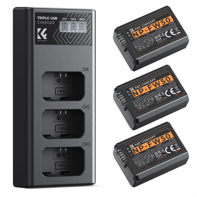K&F Concept NP-FW50 batteria + caricabatterie 3 slot LCD