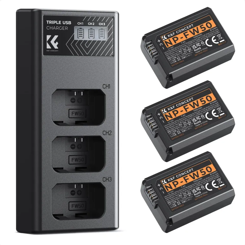 K&F Concept NP-FW50 batteria + caricabatterie 3 slot LCD
