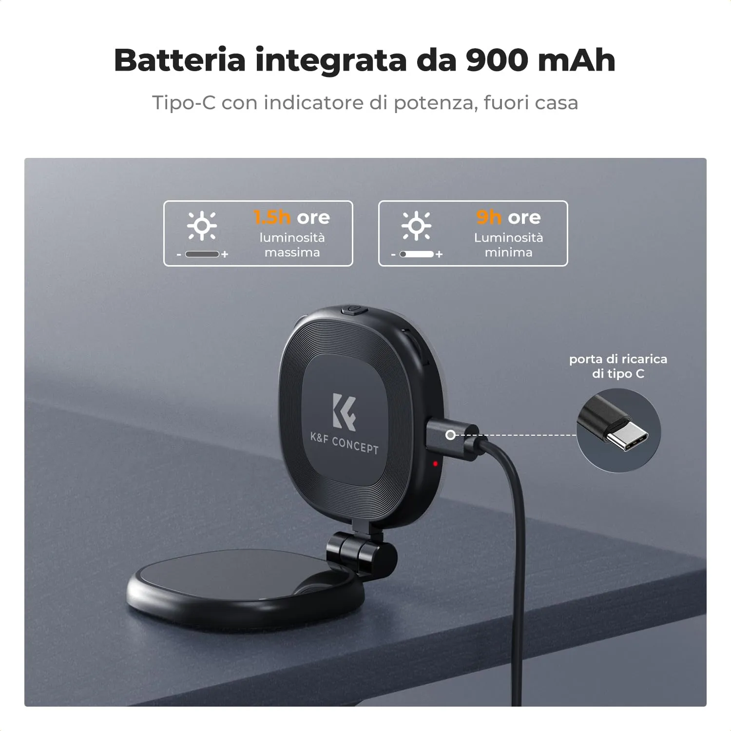 K&F Concept luce selfie magnetica con specchio nera 900 mAh