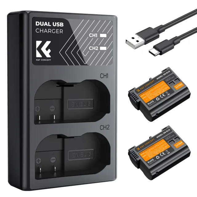 K&F Concept EN-EL15 kit 2 batterie 2100mAh caricatore USB