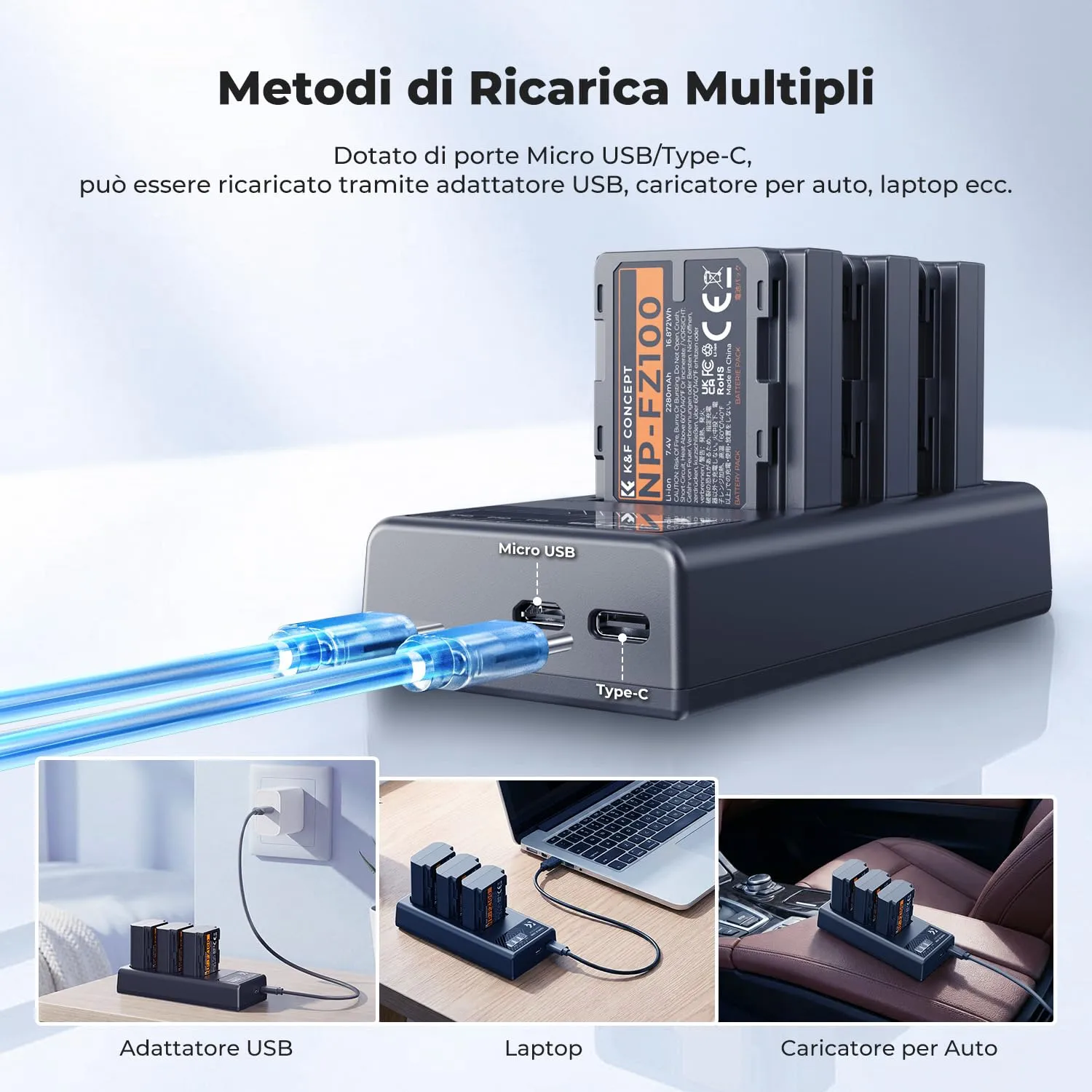 K&F Concept NP-FZ100 Batterie 3 Pezzi 2280mAh con Caricatore