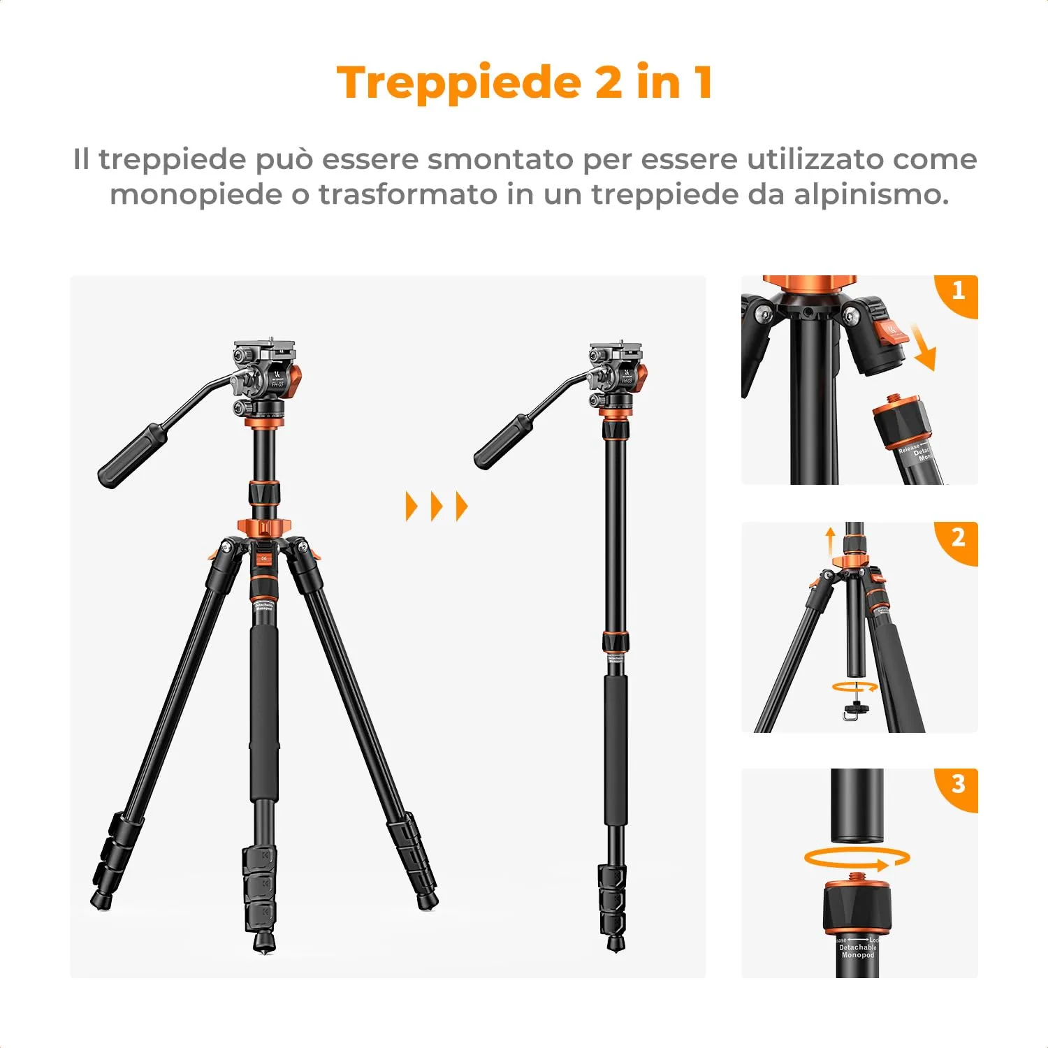K&F Concept Treppiede 202 Cm Testa Idraulica 5 Kg Monopiede