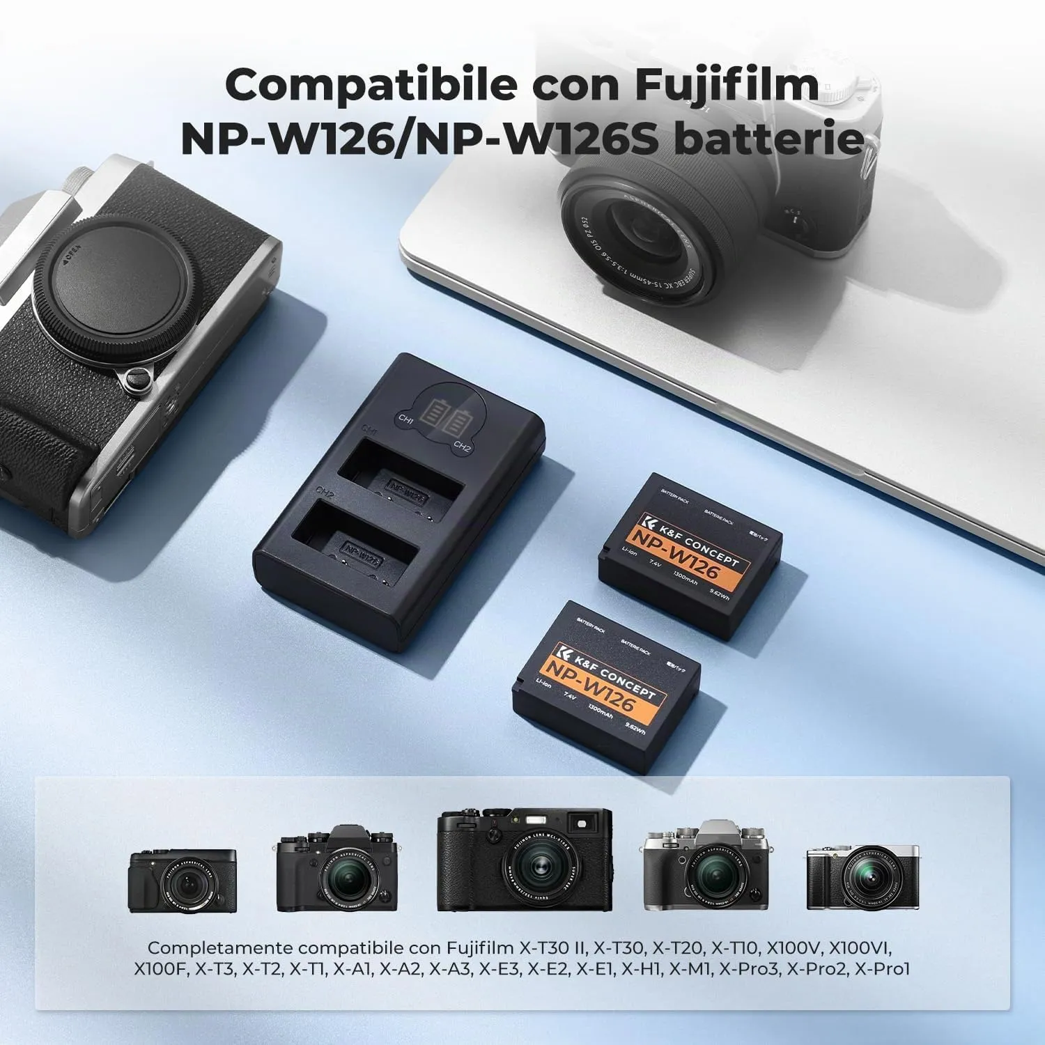 K&F Concept NP-W126 Kit 2 Batterie 1300mAh + Caricabatterie