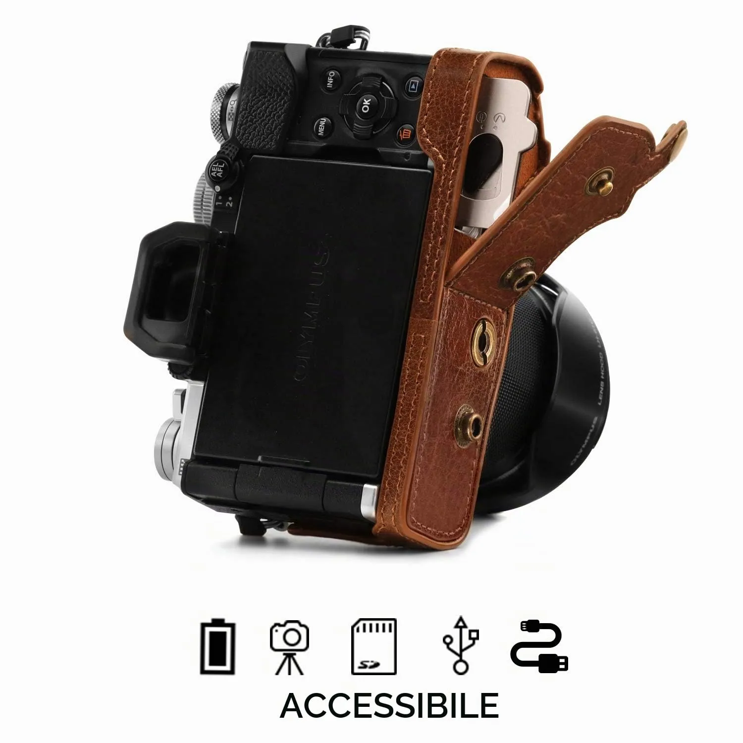 MegaGear Ever Ready E-M5 Mark III Custodia Pelle Marrone Vera Pelle