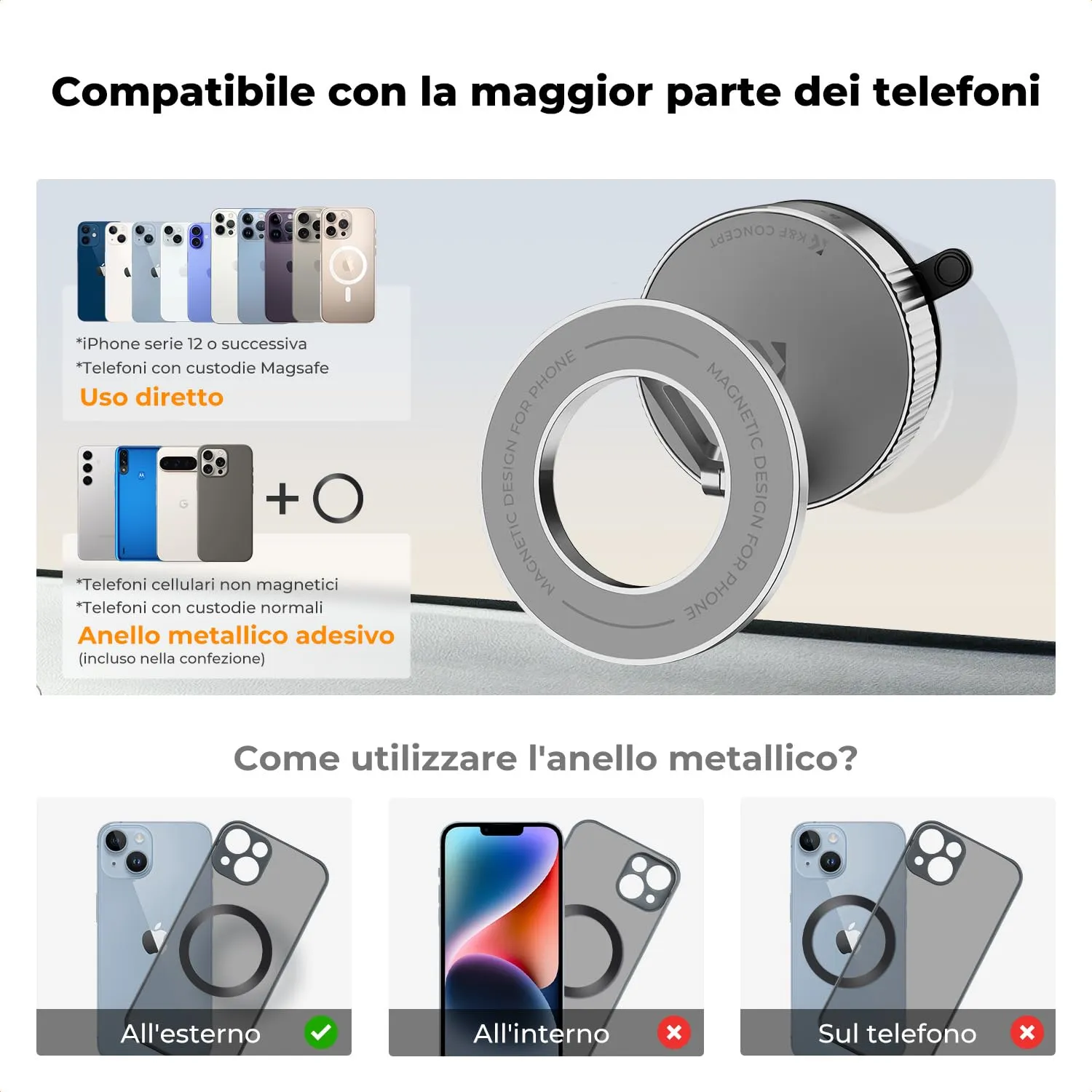 K&F Concept supporto telefono auto magnetico ventosa argento