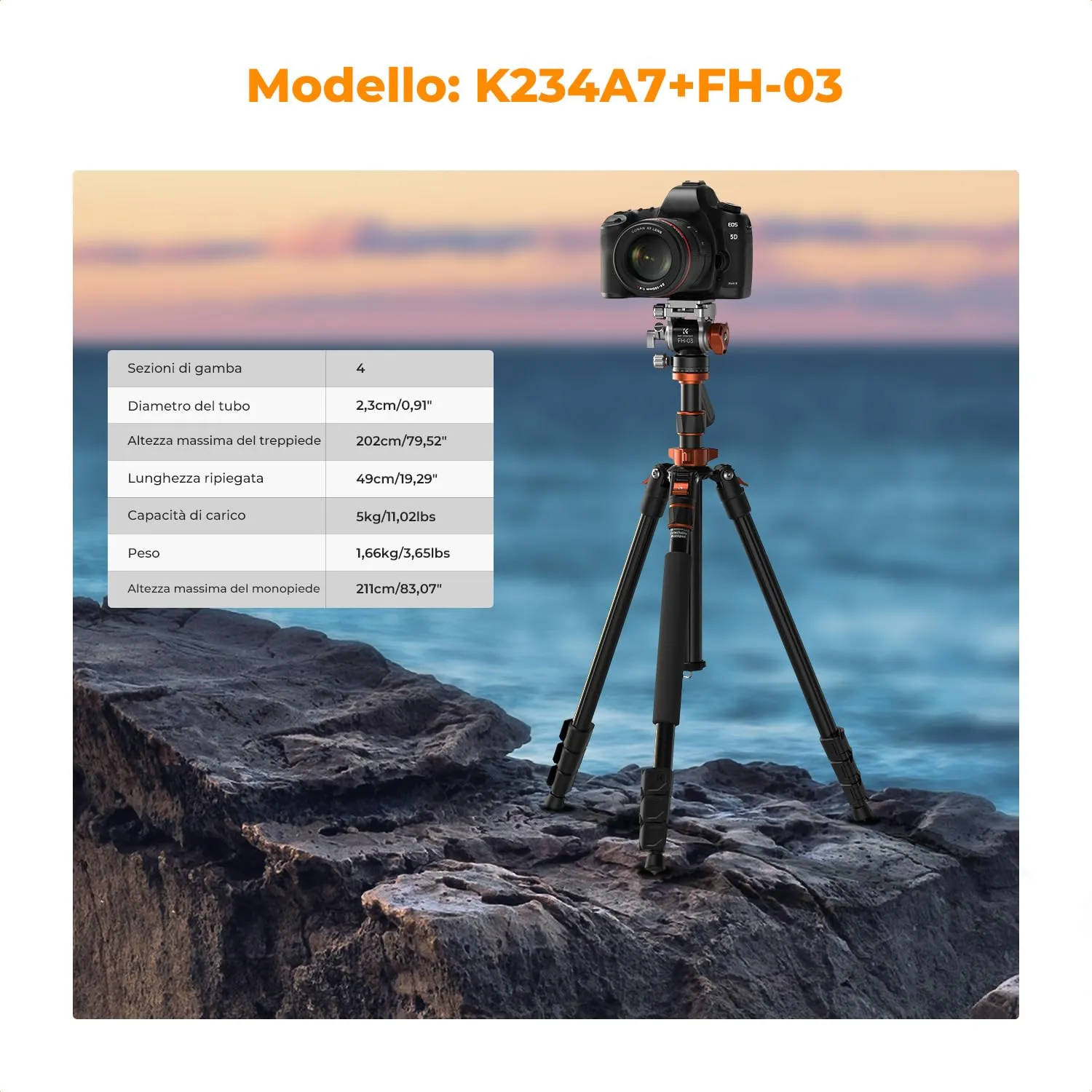 K&F Concept Treppiede 202 Cm Testa Idraulica 5 Kg Monopiede