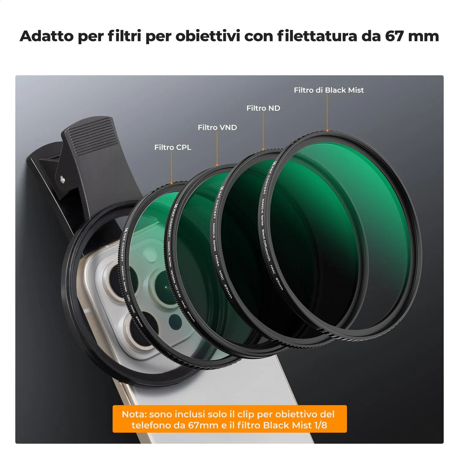 K&F Concept Black Mist 1/8 filtro smartphone 67mm con clip