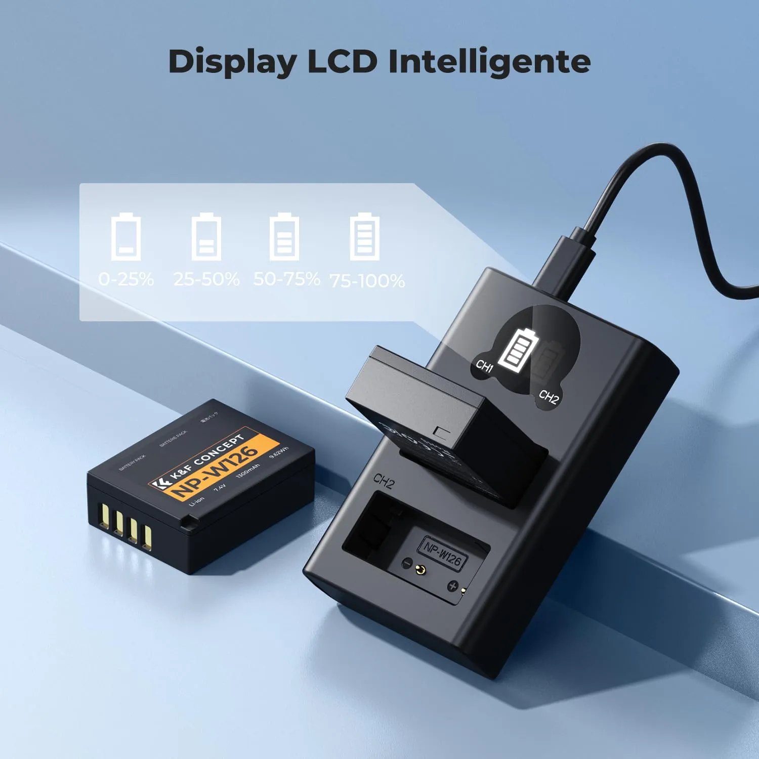 K&F Concept NP-W126 Kit 2 Batterie 1300mAh + Caricabatterie