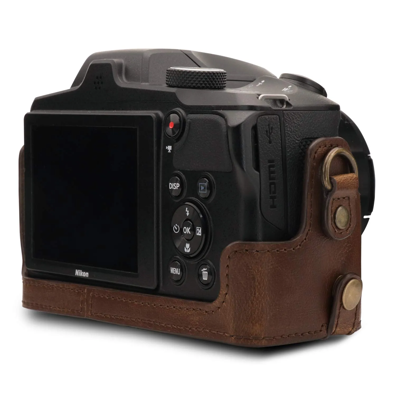 MegaGear custodia Nikon Coolpix B600 ecopelle marrone scuro
