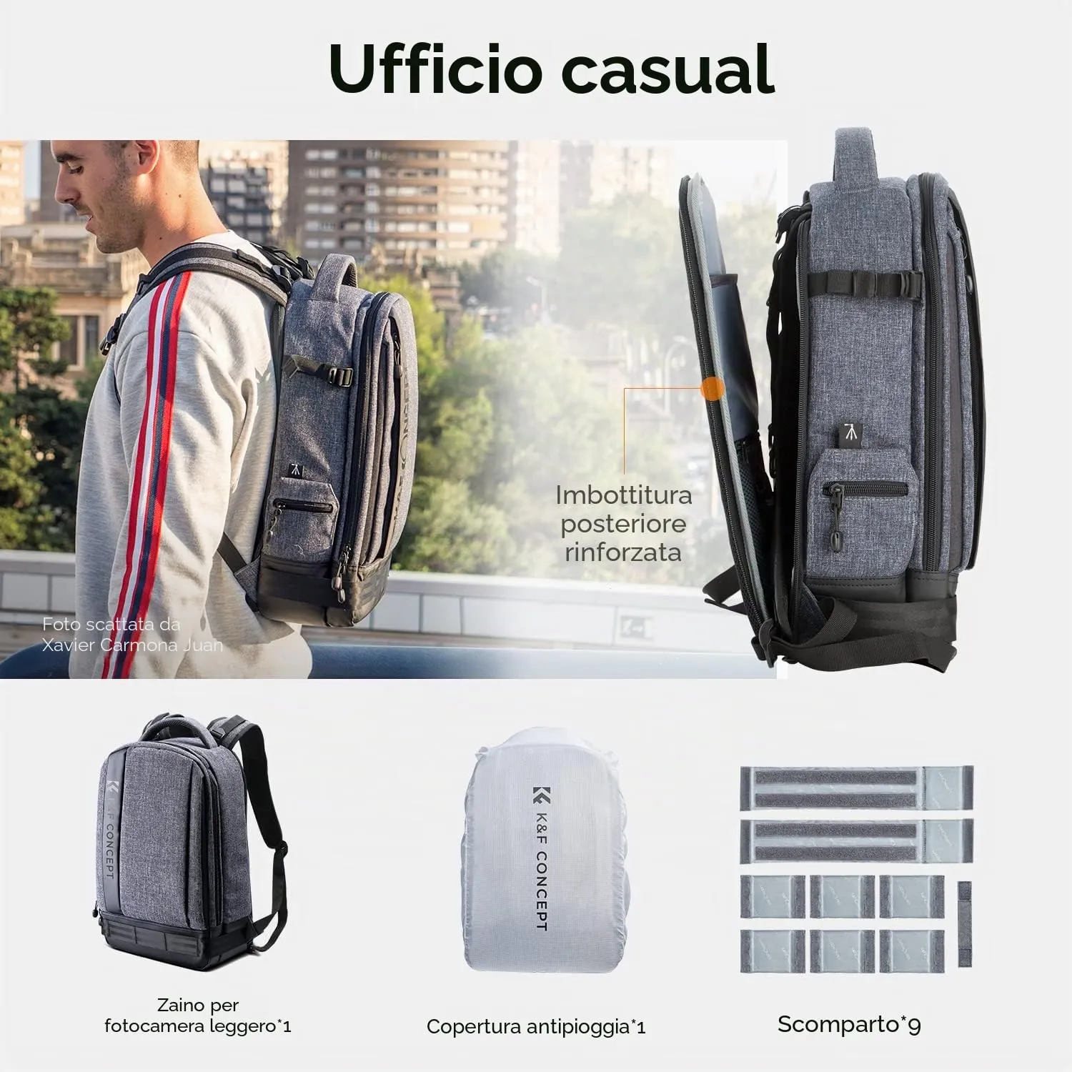 K&F Concept 019V1 zaino fotografico 17L grigio laptop