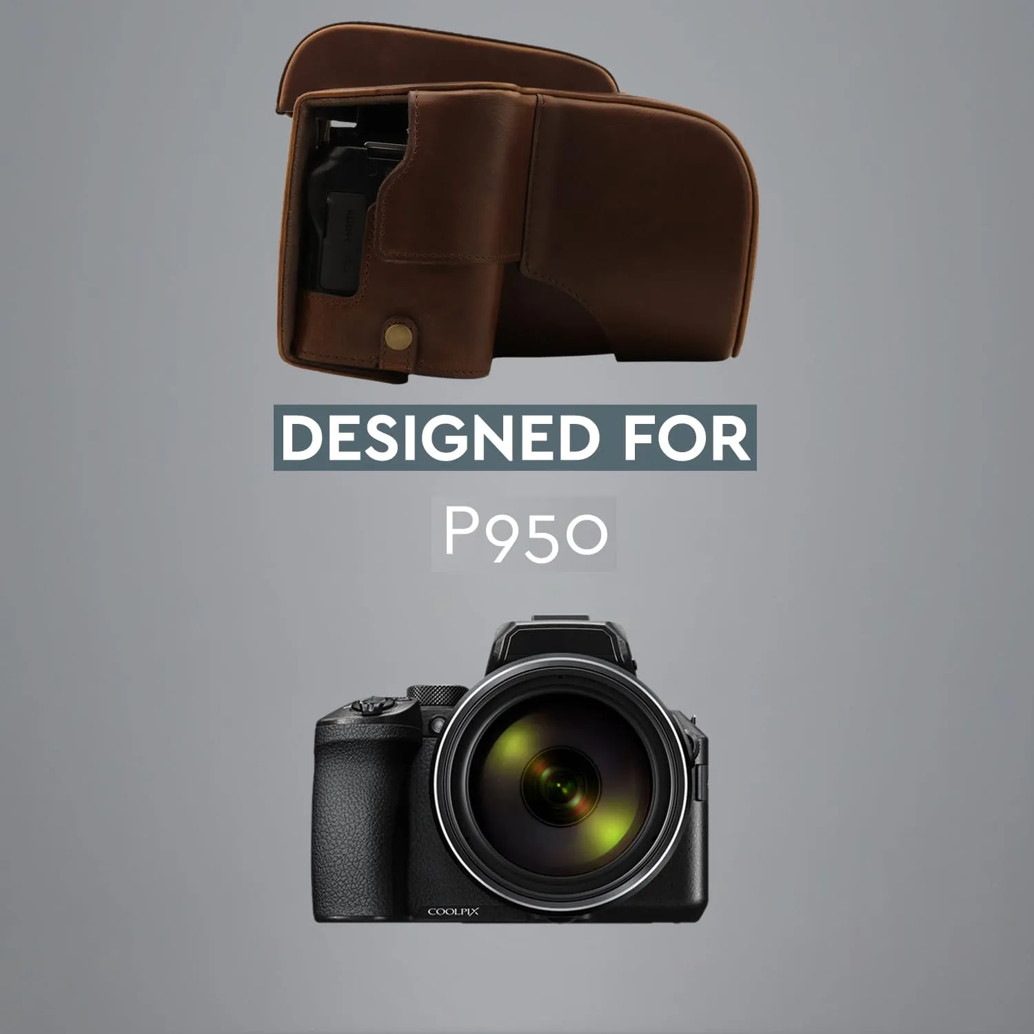 MegaGear Custodia Pelle Nikon Coolpix P950 Marrone Scuro ever ready