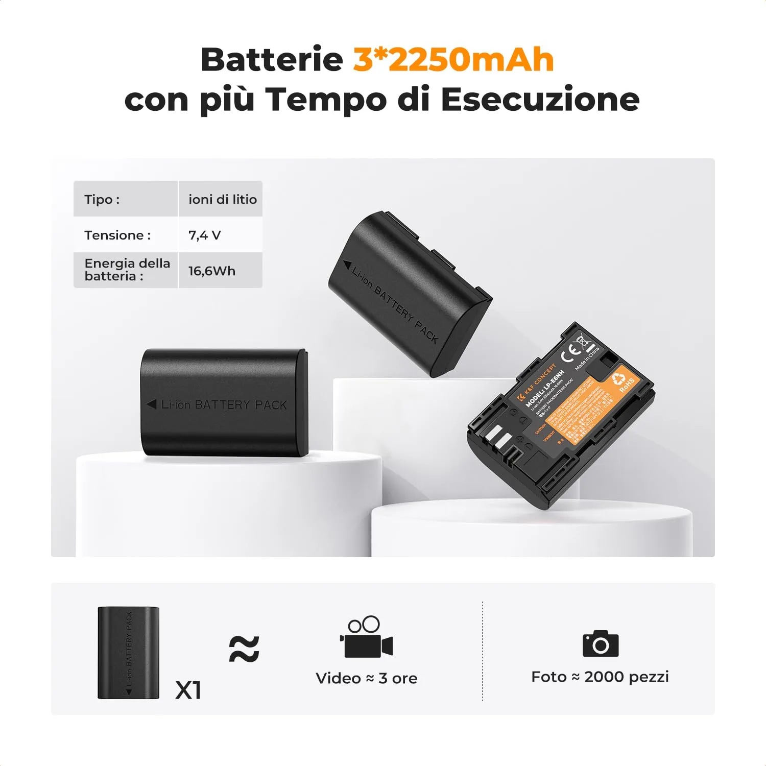 K&F Concept LP-E6NH kit 3 batterie + caricabatterie