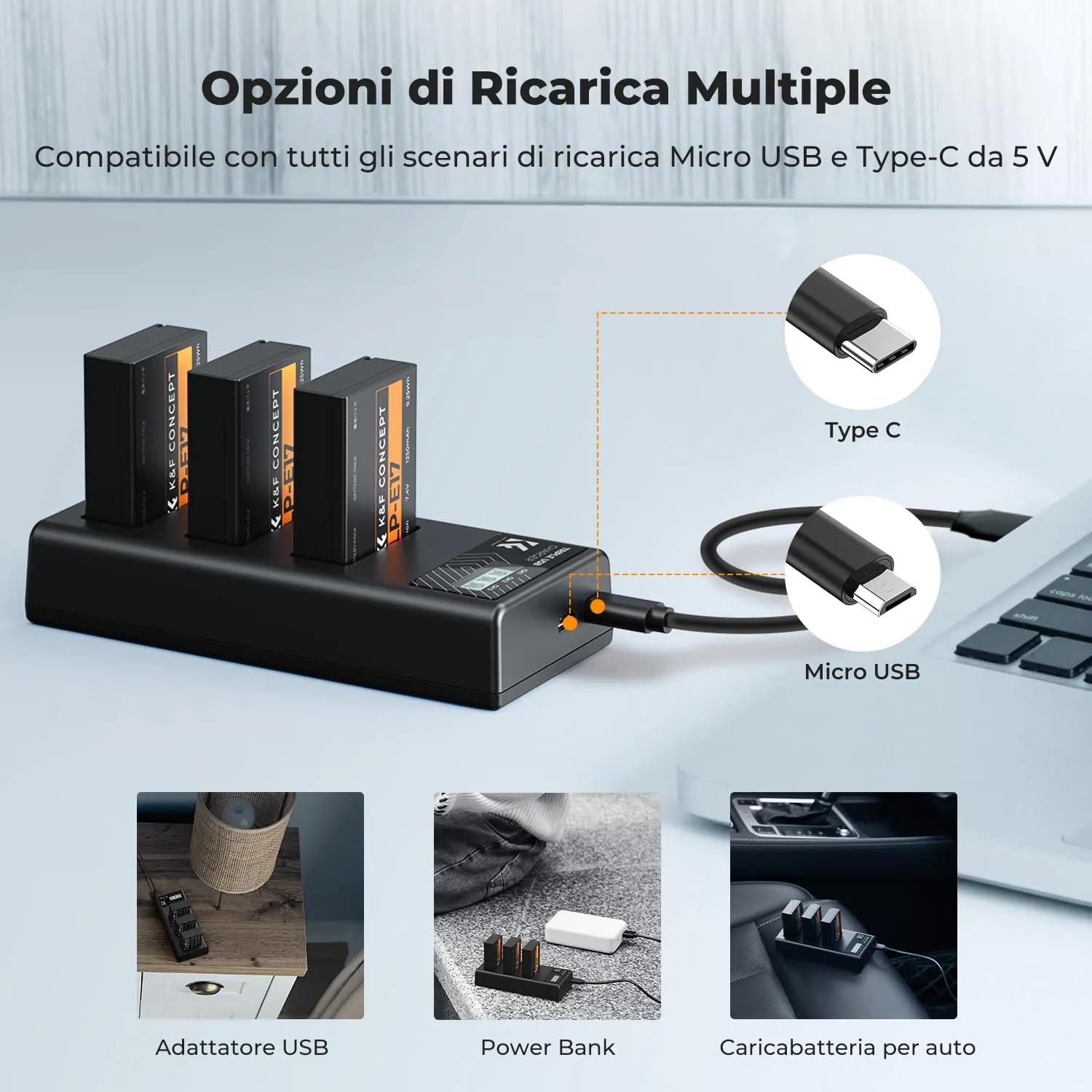K&F Concept LP-E17 Kit 3 Batterie + Caricatore LCD Canon