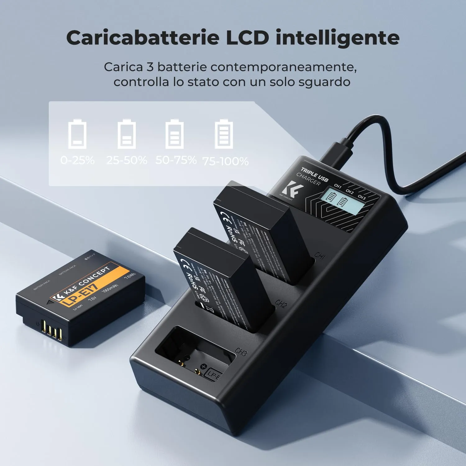 K&F Concept LP-E17 Kit 3 Batterie + Caricatore LCD Canon