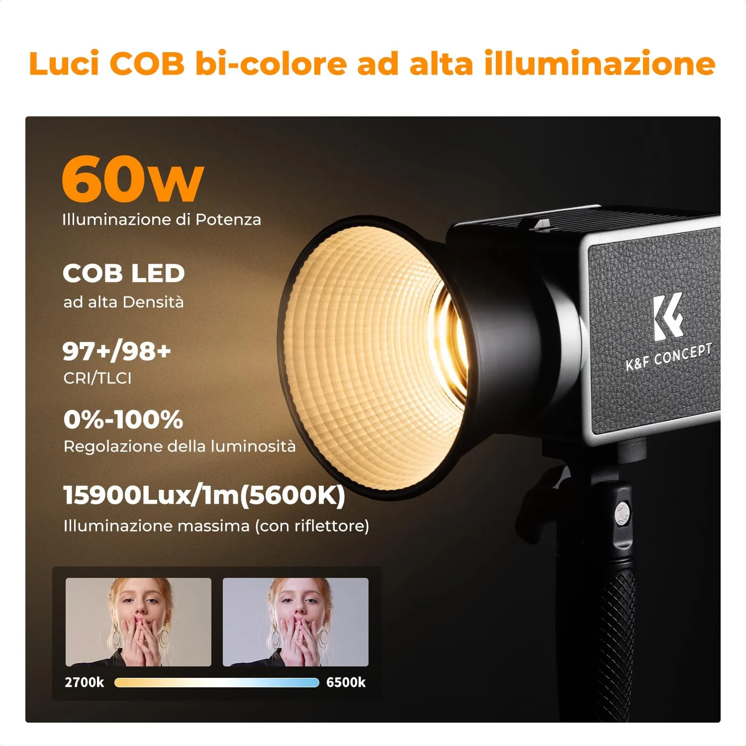K&F Concept 60W COB Luce Video Bi-Color con Batteria