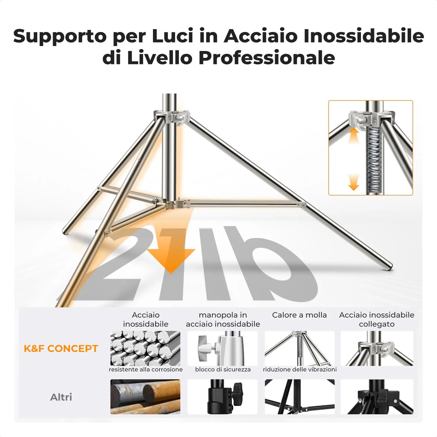 K&F Concept Stativo Luce 2,8m Acciaio 10kg con Molla