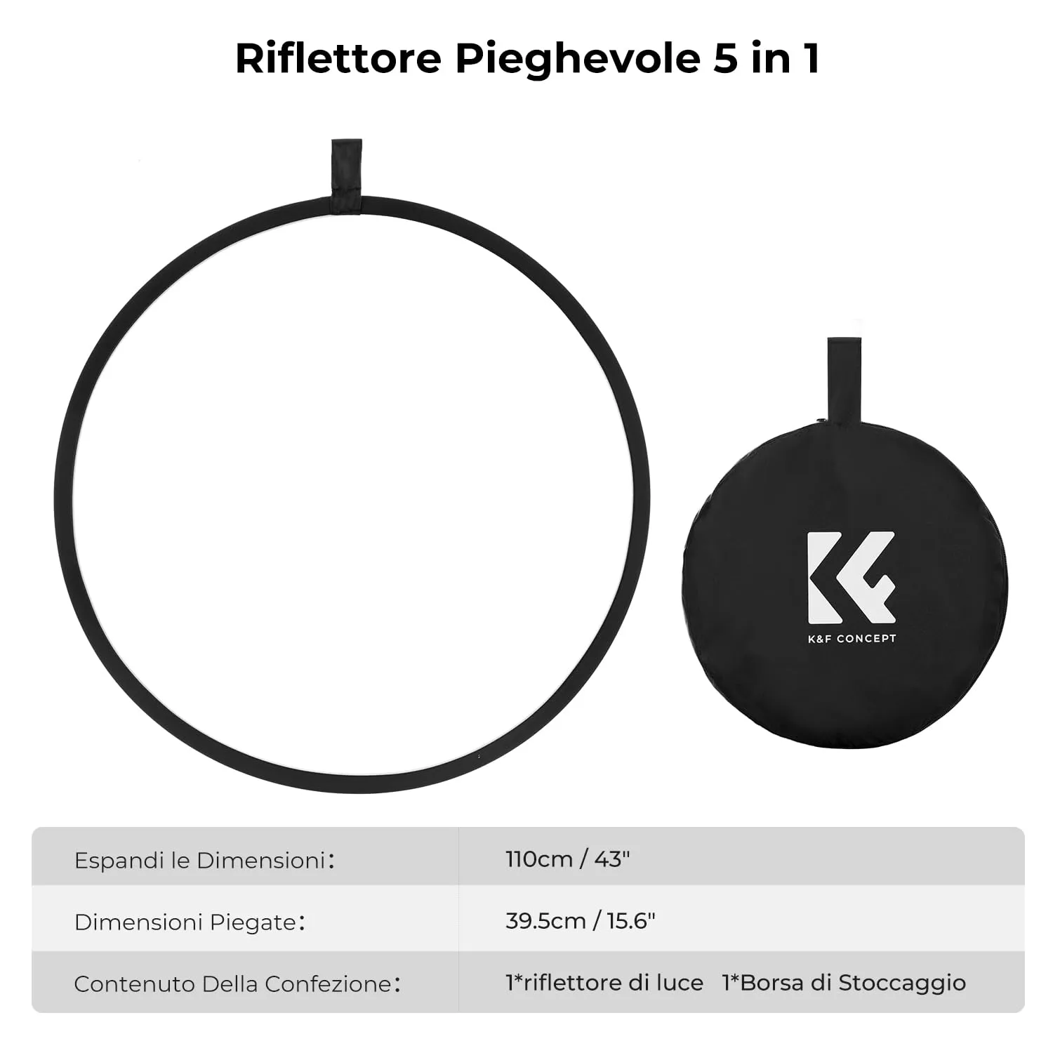 K&F Concept Riflettore Fotografico 5in1 Pieghevole 110cm