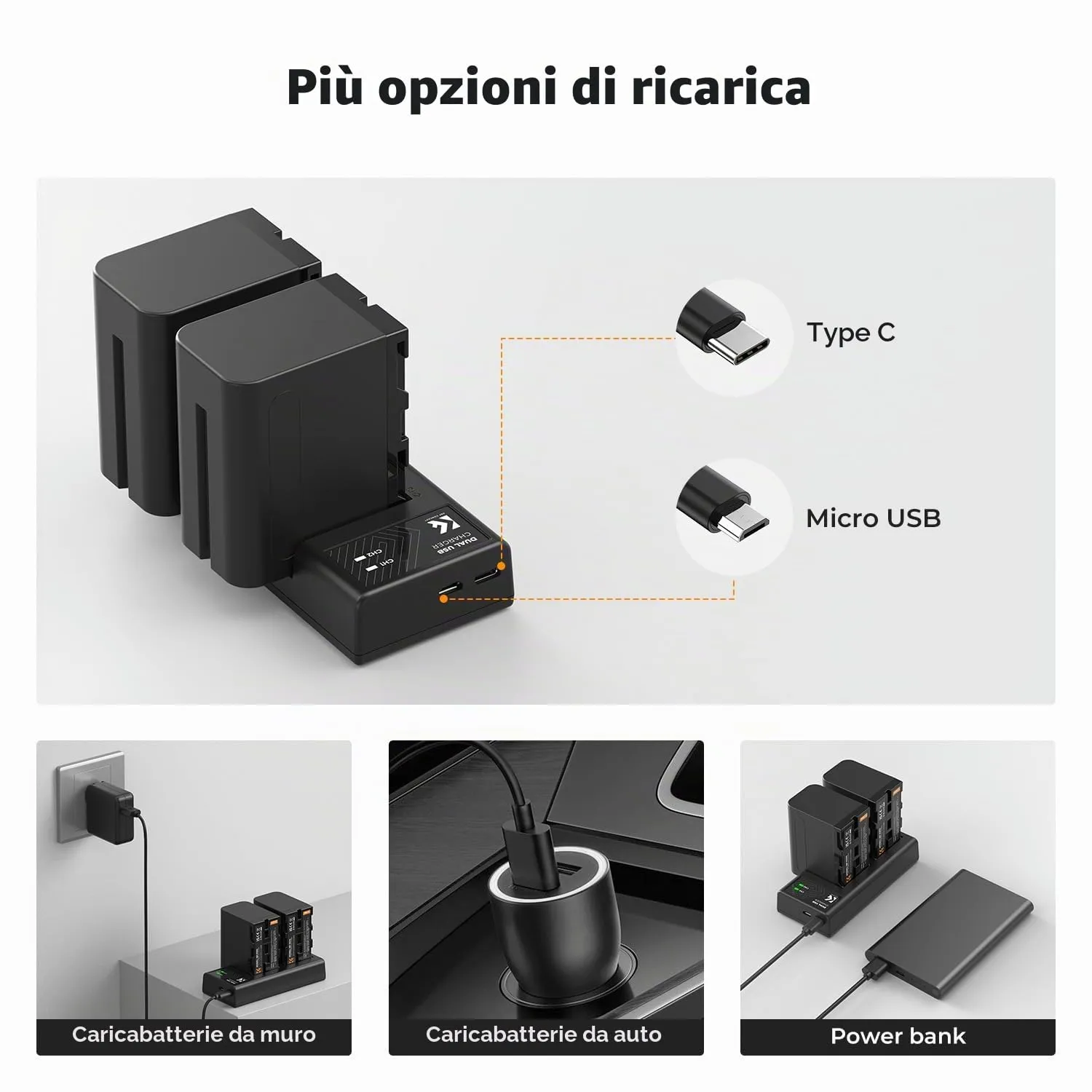 K&F Concept NP-F970 Batterie 6600mAh 2pz + Caricabatterie LED