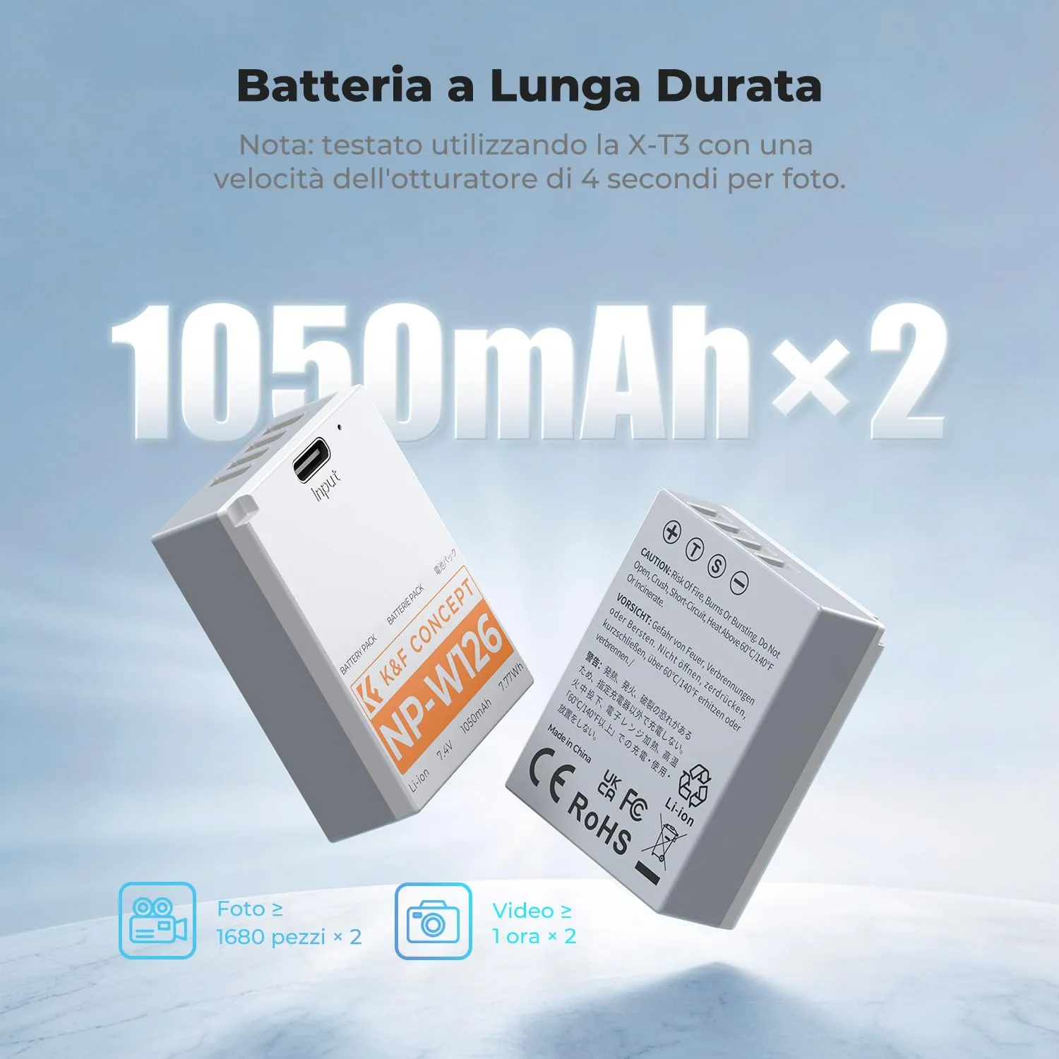 K&F Concept NP-W126S Batteria USB-C 1050mAh per Fujifilm