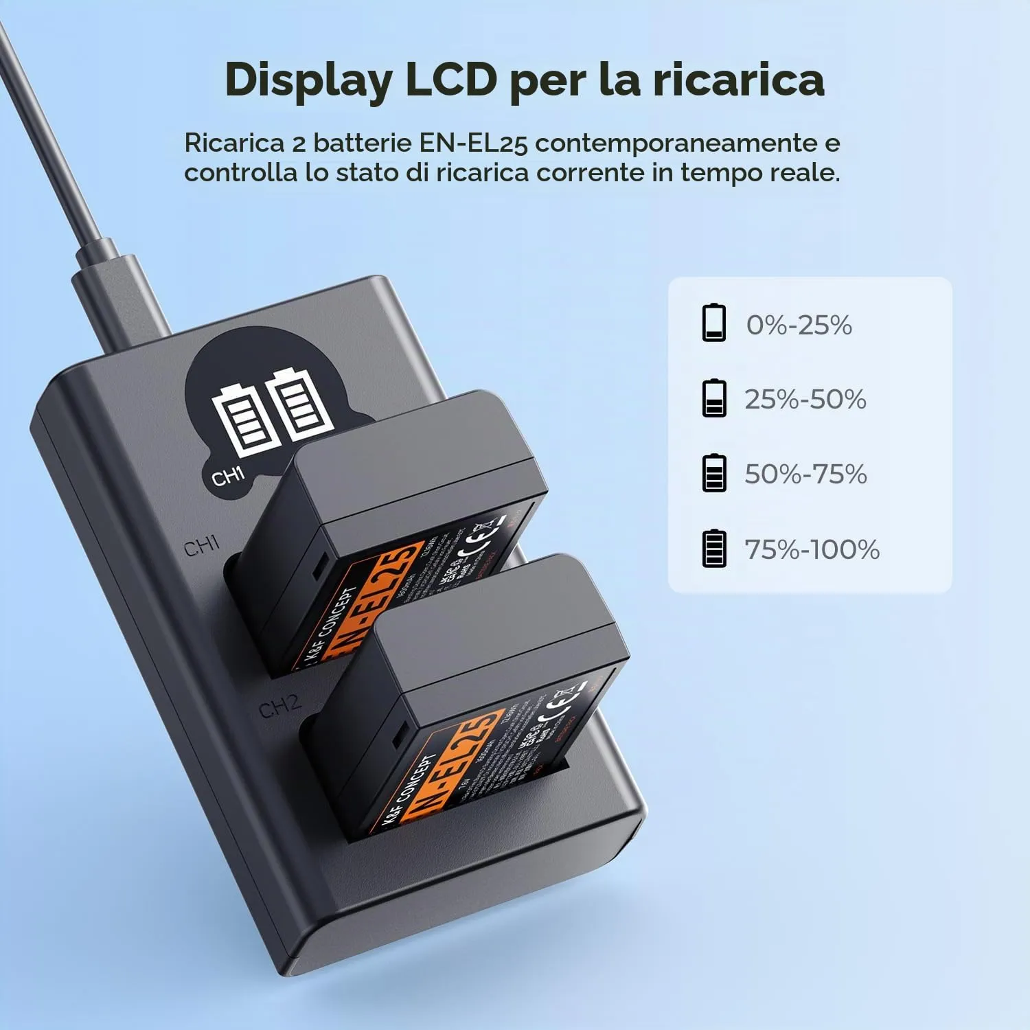 K&F Concept EN-EL25 Kit 2 Batterie + Caricabatterie Doppio LCD