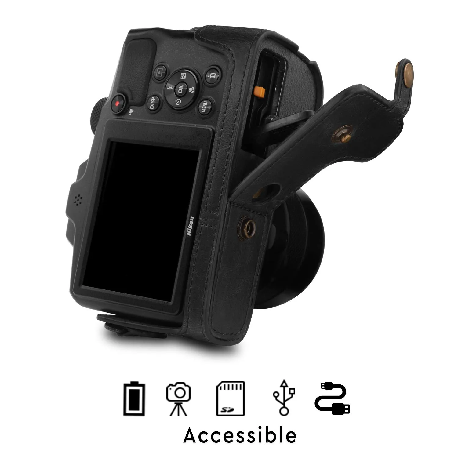 MegaGear custodia fotocamera Nikon Coolpix B600 nero finta pelle