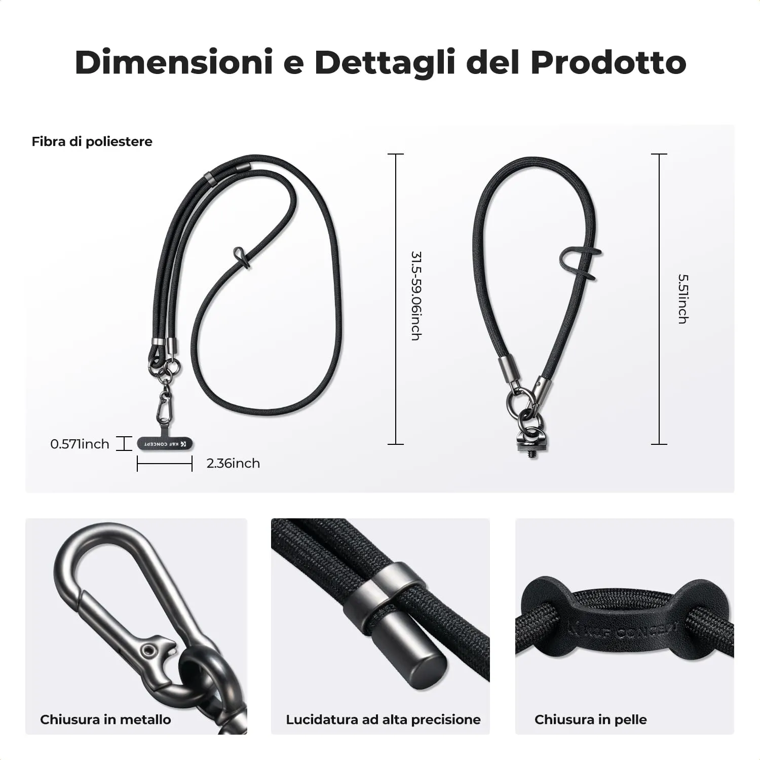 K&F Concept Cordino Tracolla Telefono 1/4" Nero regolabile