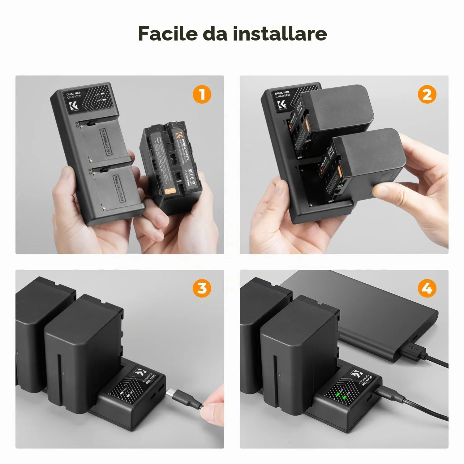 K&F Concept NP-F970 Batterie 6600mAh 2pz + Caricabatterie LED