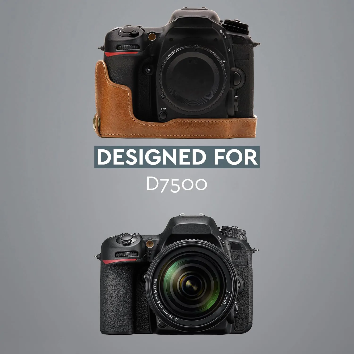 MegaGear Custodia in vera pelle Nikon D7500 half-case aperta