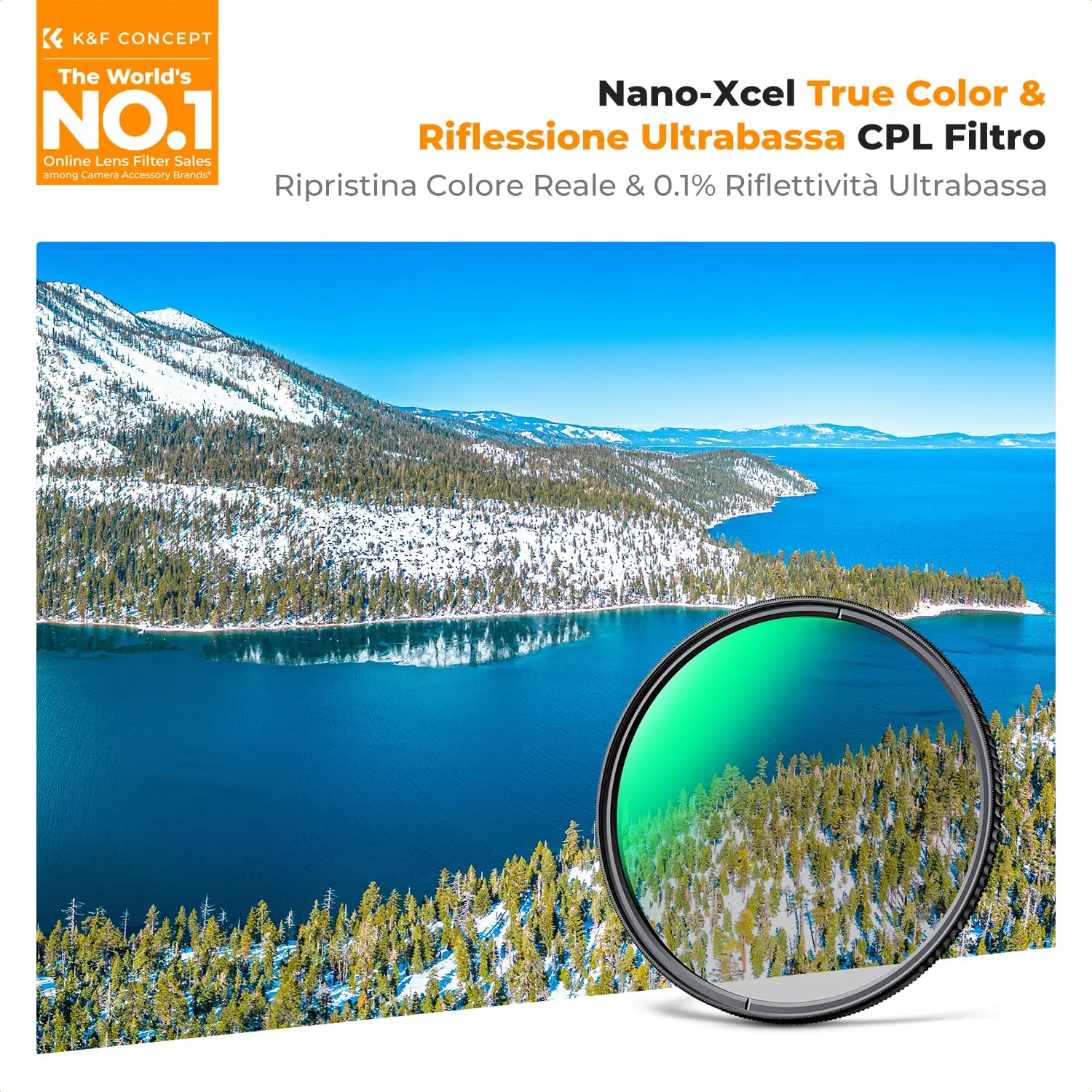 K&F Concept Nano-Xcel Filtro CPL True Color 82mm Bassa Riflessione