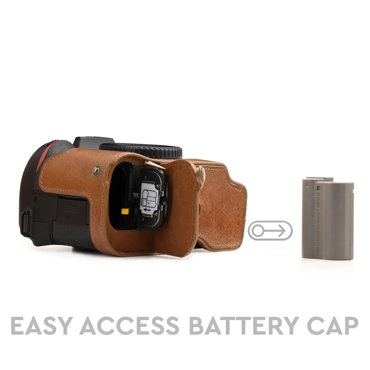 MegaGear Custodia in vera pelle Nikon D7500 half-case aperta