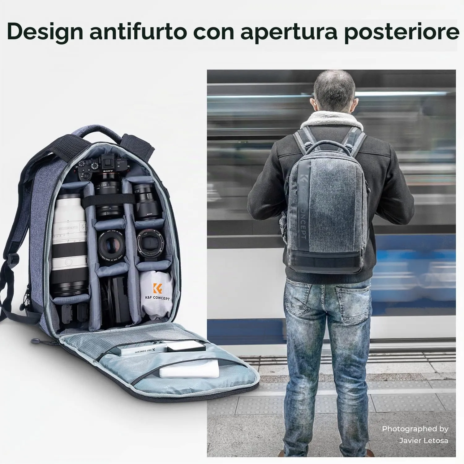 K&F Concept 019V1 zaino fotografico 17L grigio laptop