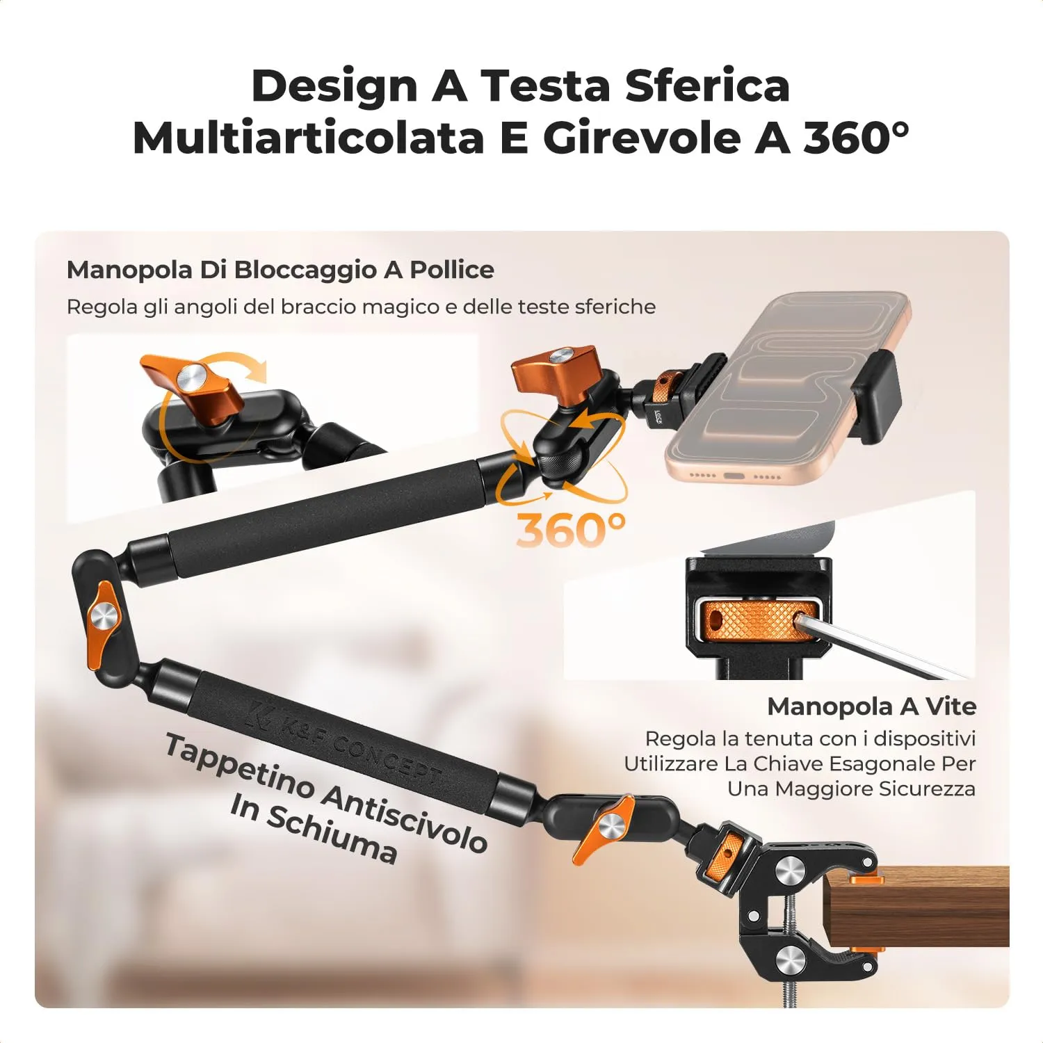 K&F Concept Braccio Magico 22" Kit Super Clamp Telefono Action Cam