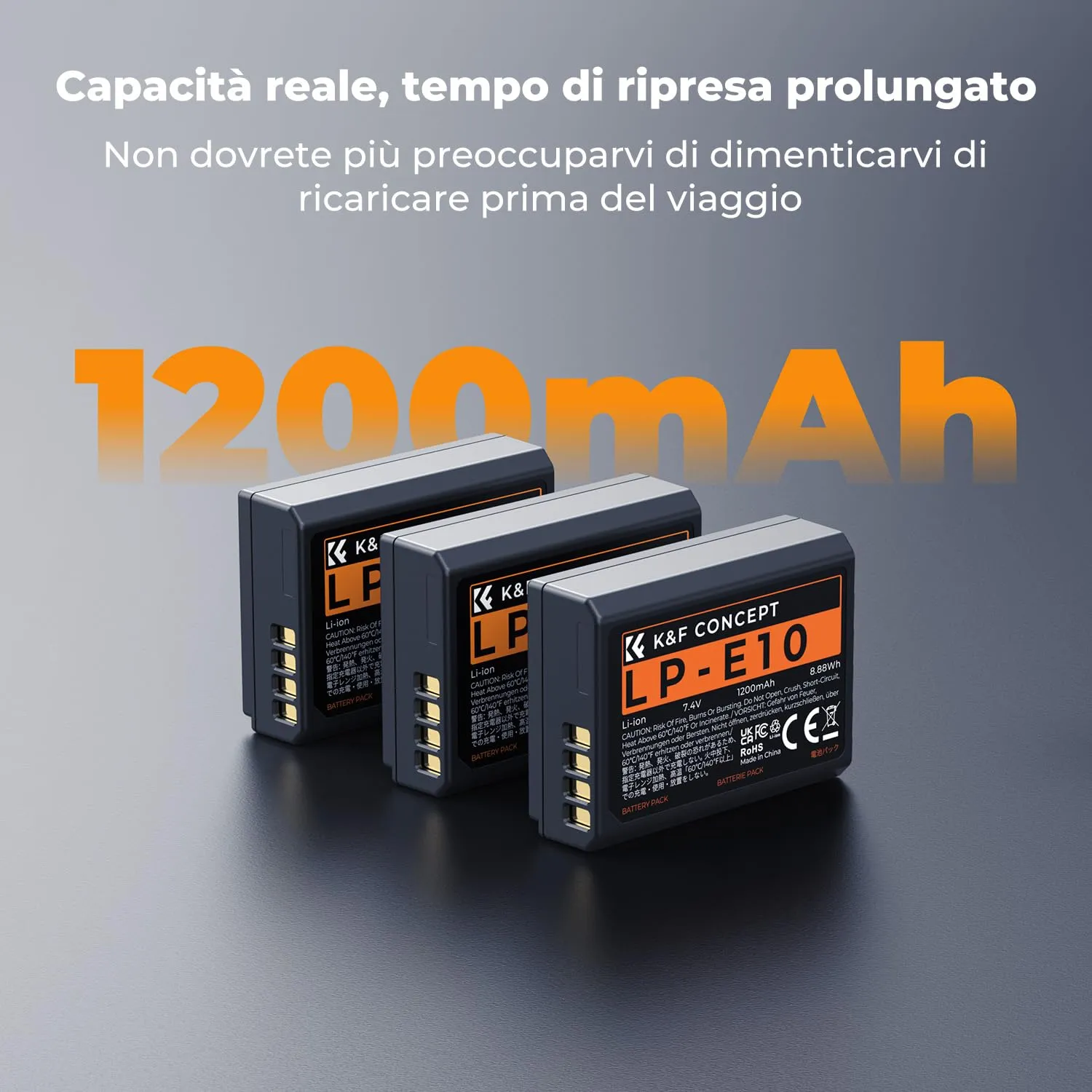 K&F Concept LP-E10 Batterie 1200mAh Kit 3+Caricatore LCD