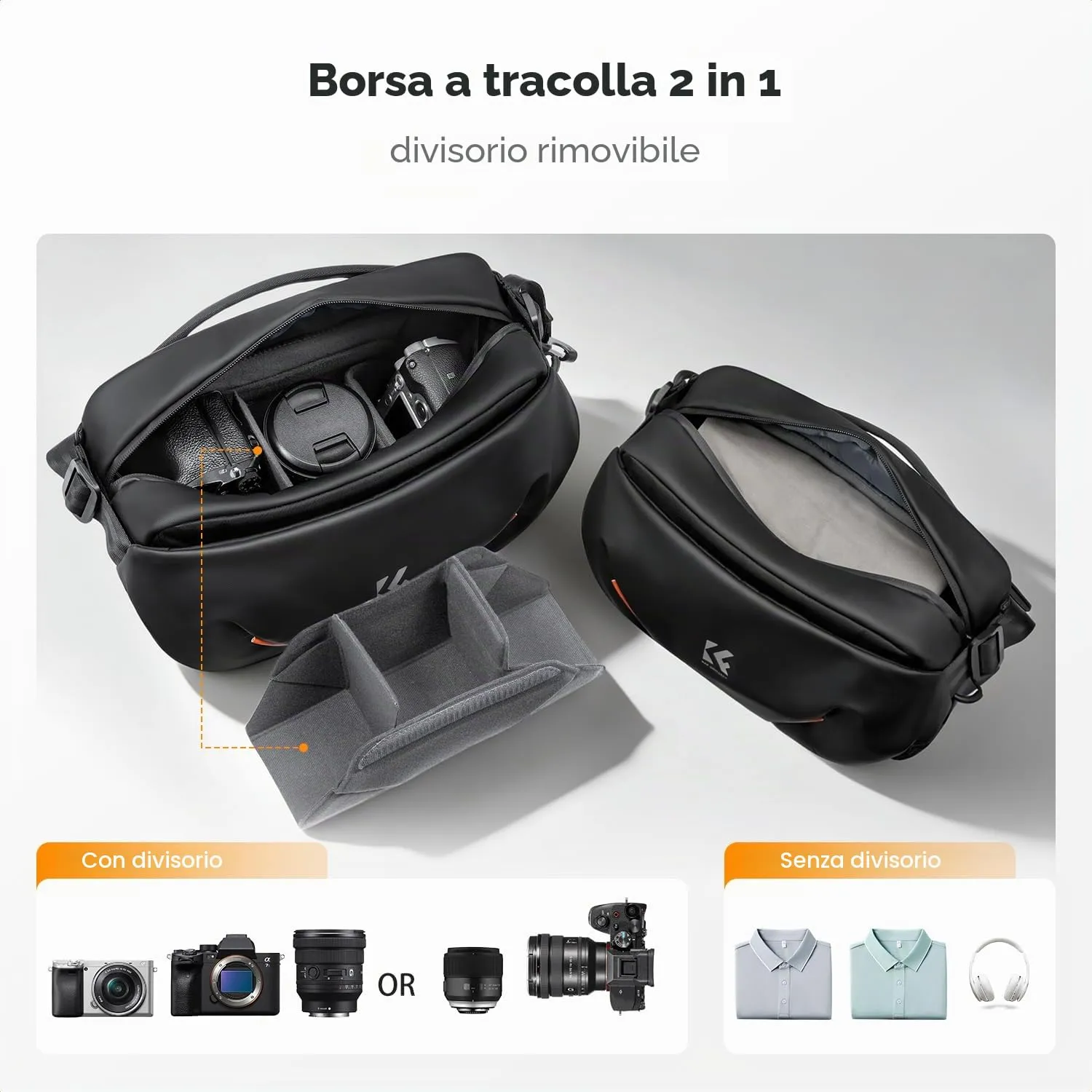 K&F Concept borsa tracolla fotocamera 6L nera divisori