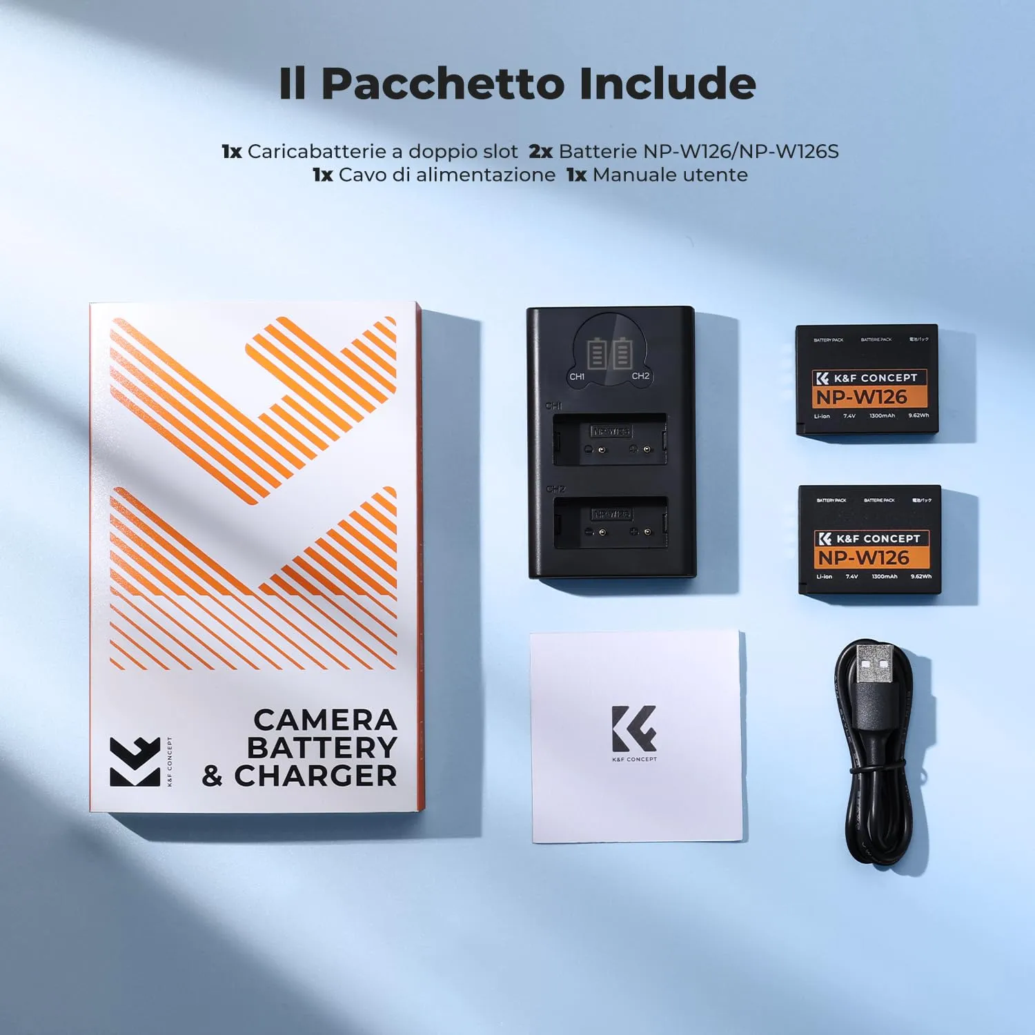 K&F Concept NP-W126 Kit 2 Batterie 1300mAh + Caricabatterie