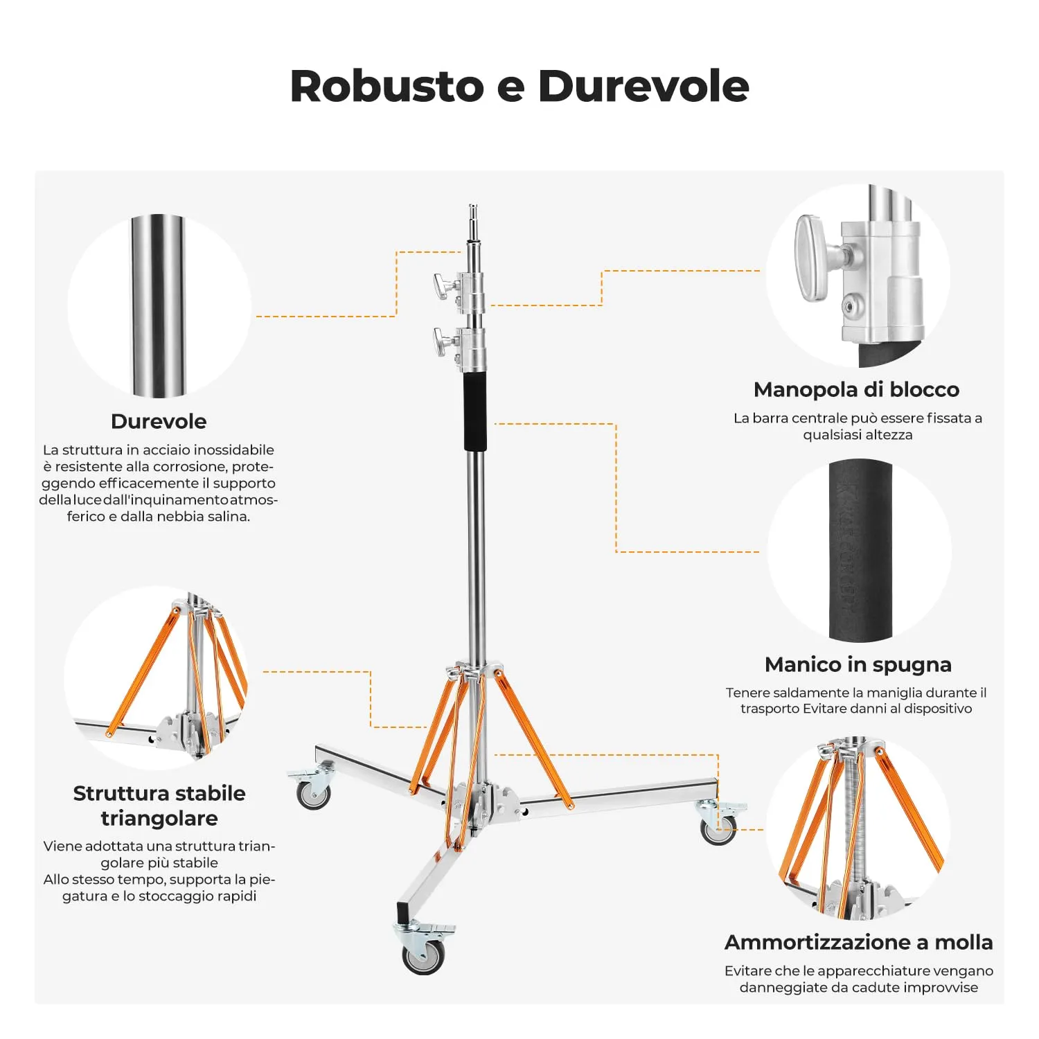 K&F Concept 330cm stativo luci acciaio con ruote 30kg
