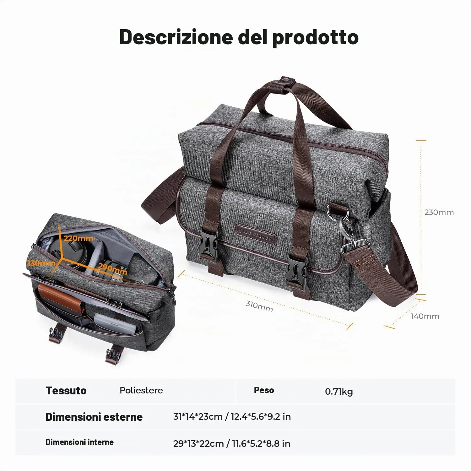 K&F Concept borsa fotografica tracolla crossbody impermeabile 31cm